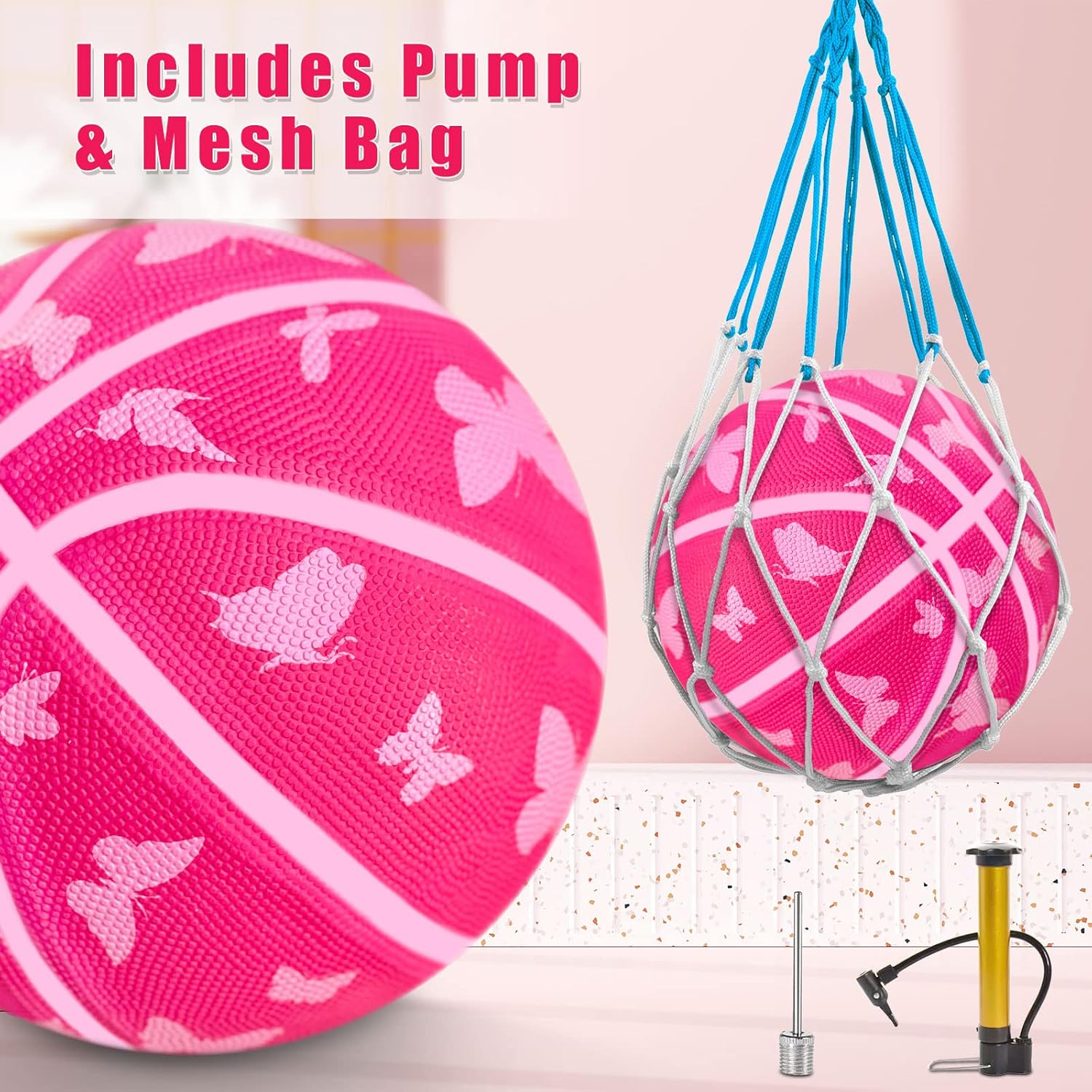 Basketballs Size 5 for Girls, with A Storage Bag, Durable Soft Touch Rubber 27.5inches Basketball for Youth Kids Skills Practicing Outdoor Back to School Birthday Gifts