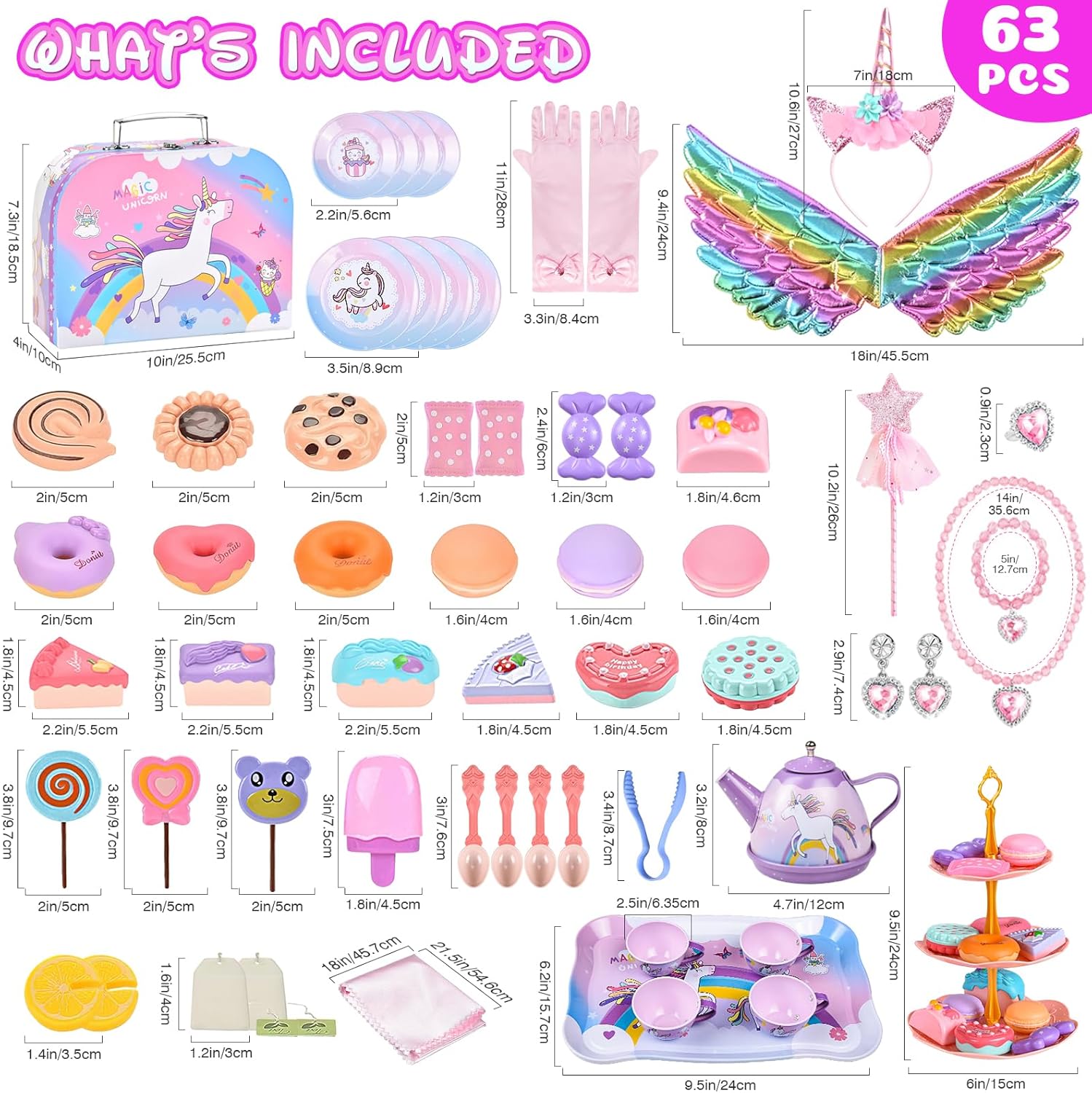 Tea Party Set for Little Girls: 63Pcs Pretend Play Toys, Unicorn Princess Dress Up Tea Time, Tin Tea Sets for Toddlers with Dessert, Carrying Case, Kids Kitchen Playset, Birthday Gift for Toddler Girl