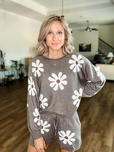 Miniatura 5 de Ekouaer Conjunto de pijama de punto para mujer, conjunto de descanso de manga larga abombada y pantalones cortos, conjuntos de 2 piezas, conjunto de