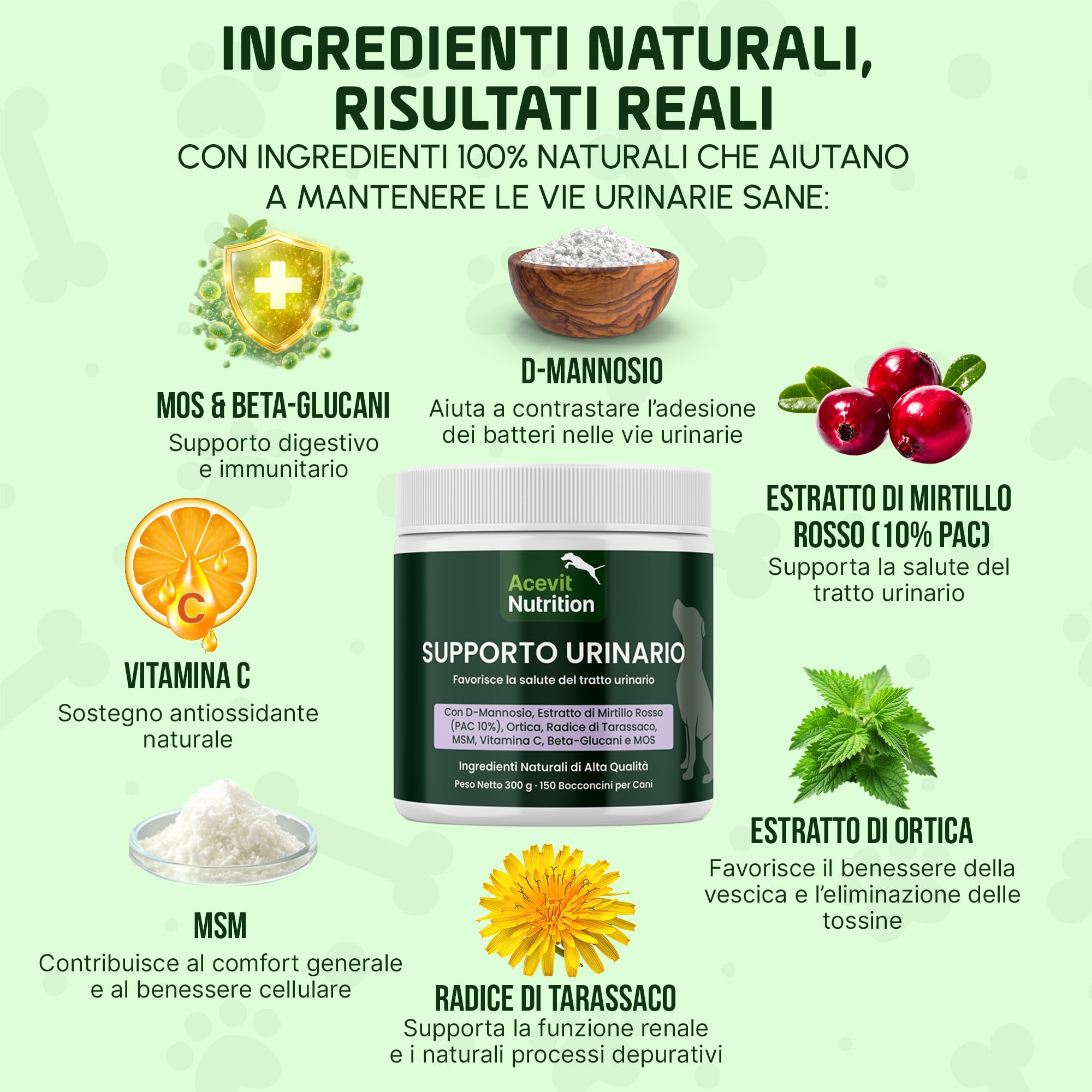 Conforto Urinario Cani, 150 Bocconcini 100% Naturali – Supporto delle Vie Urinarie e della Vescica – con D-Mannosio, Mirtillo Rosso, Ortica e MSM – Integratore Urinario Cani con Sensibilità Urinaria