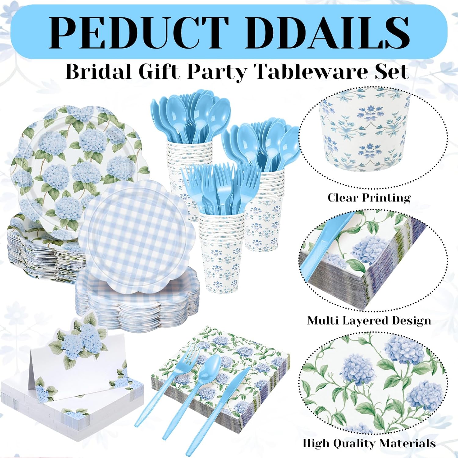 Shellwei 410 Pcs Blue Hydrangea Tea Party Decorations Elegant Floral Paper Plates and Napkins Set Disposable Party Tableware Sets with Cups Knives Forks Spoons Seat Card Favors for 50 Guests