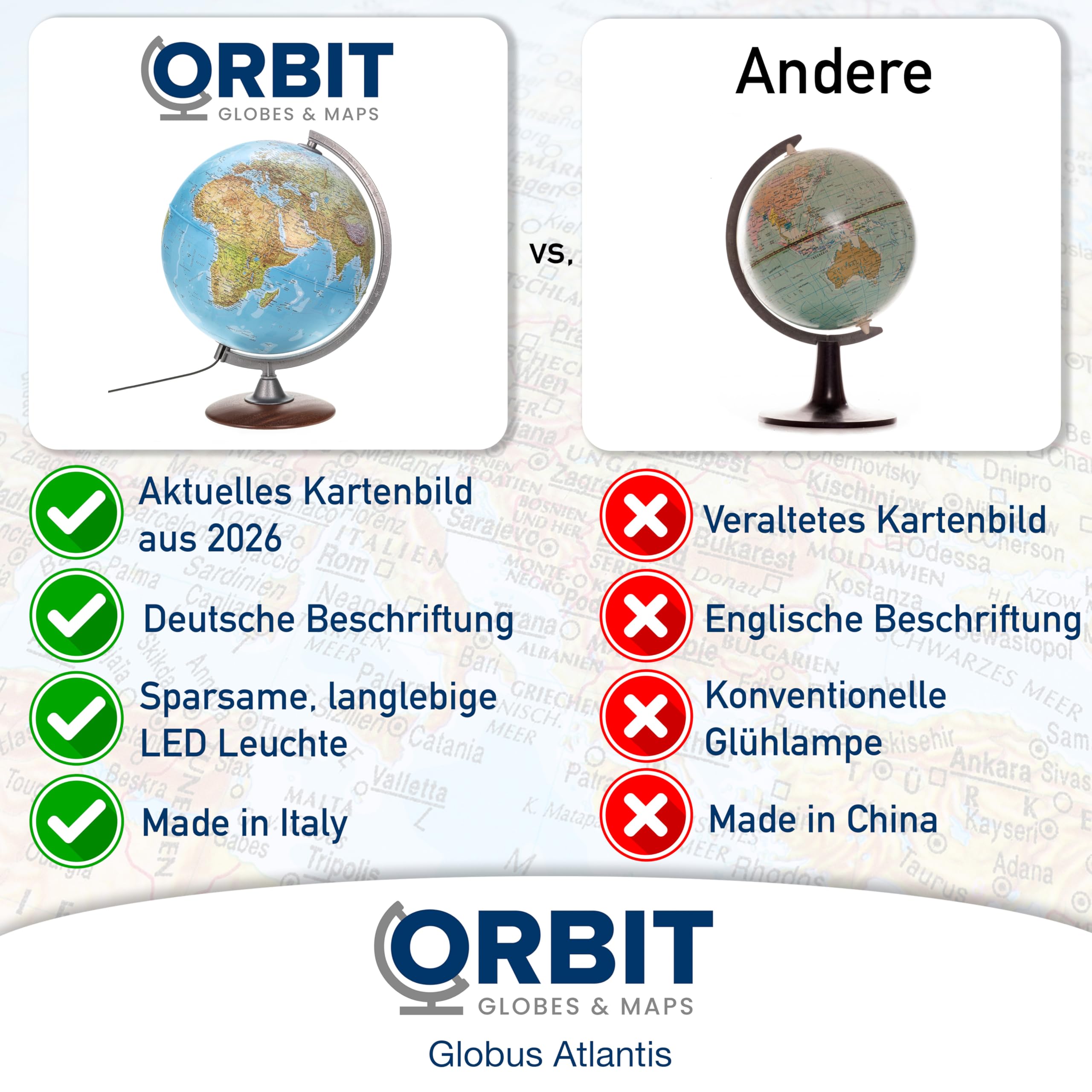 ORBIT Globes & Maps - Leuchtglobus - 30cm Globus mit Holzfuß, Kartenbild 2026 physikalisch/politisch mit LED Leuchte, aktuelles deutsches Kartenbild