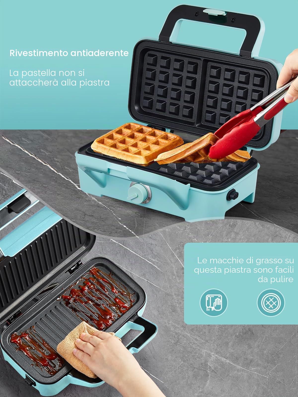 Piastra Waffles Maker 3 in 1, 1200W Tostapane Piastra Panini, Tostiera Elettrica, ad Alta Potenza, Controllo della Temperatura a 5 Marce, Deposito Cavi, Rivestimento Antiaderente (Blu)