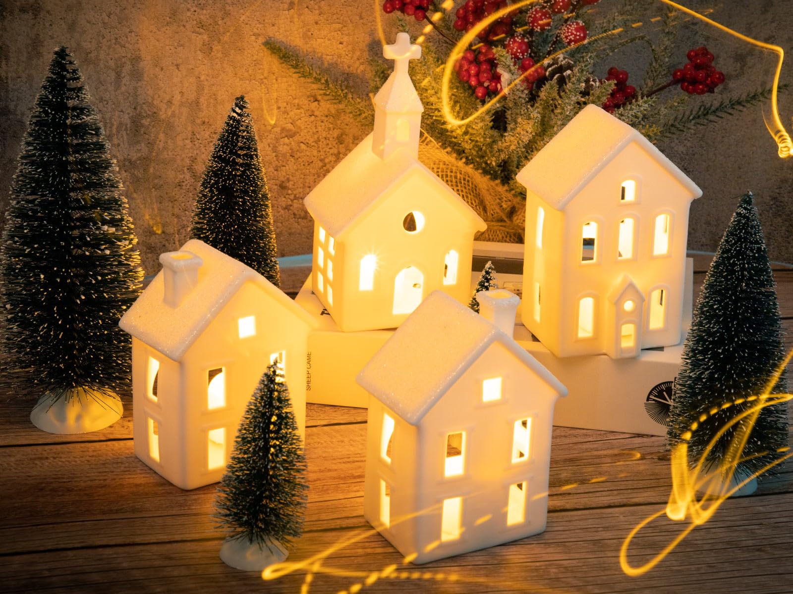 Weihnachtsdorf-Figuren-Set, 4 Keramikhäuser und 5 Bäume, Weihnachtsdekoration für den Innenbereich, weiß, rustikale Dekoration für Zuhause, Tisch, Zimmer, 9 Stück