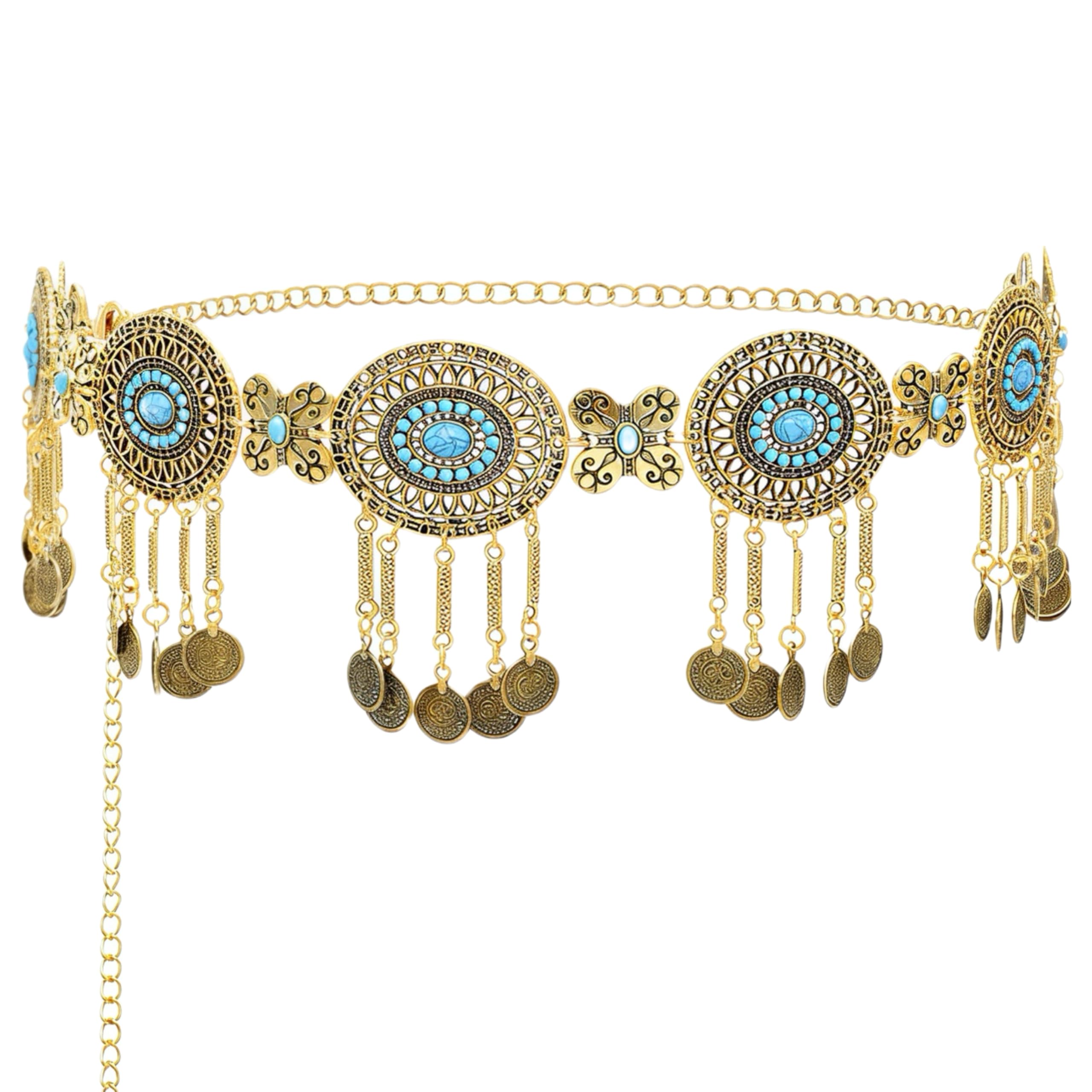 Pandalein Damen Gürtel Fransen Bauchtanz Gürtel Mode Taillengürtel Metall Kettengürtel Münzgürtel Verstellbare Hüftkette Taillenkette für Kleider