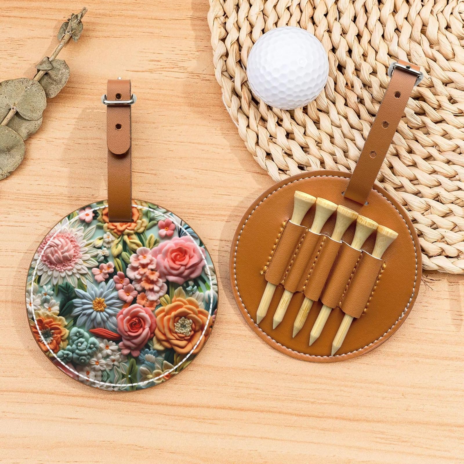 Colorful Embroidery Brown Golf tee Storage Bag - Durable and wear-Resistant Golf Accessories