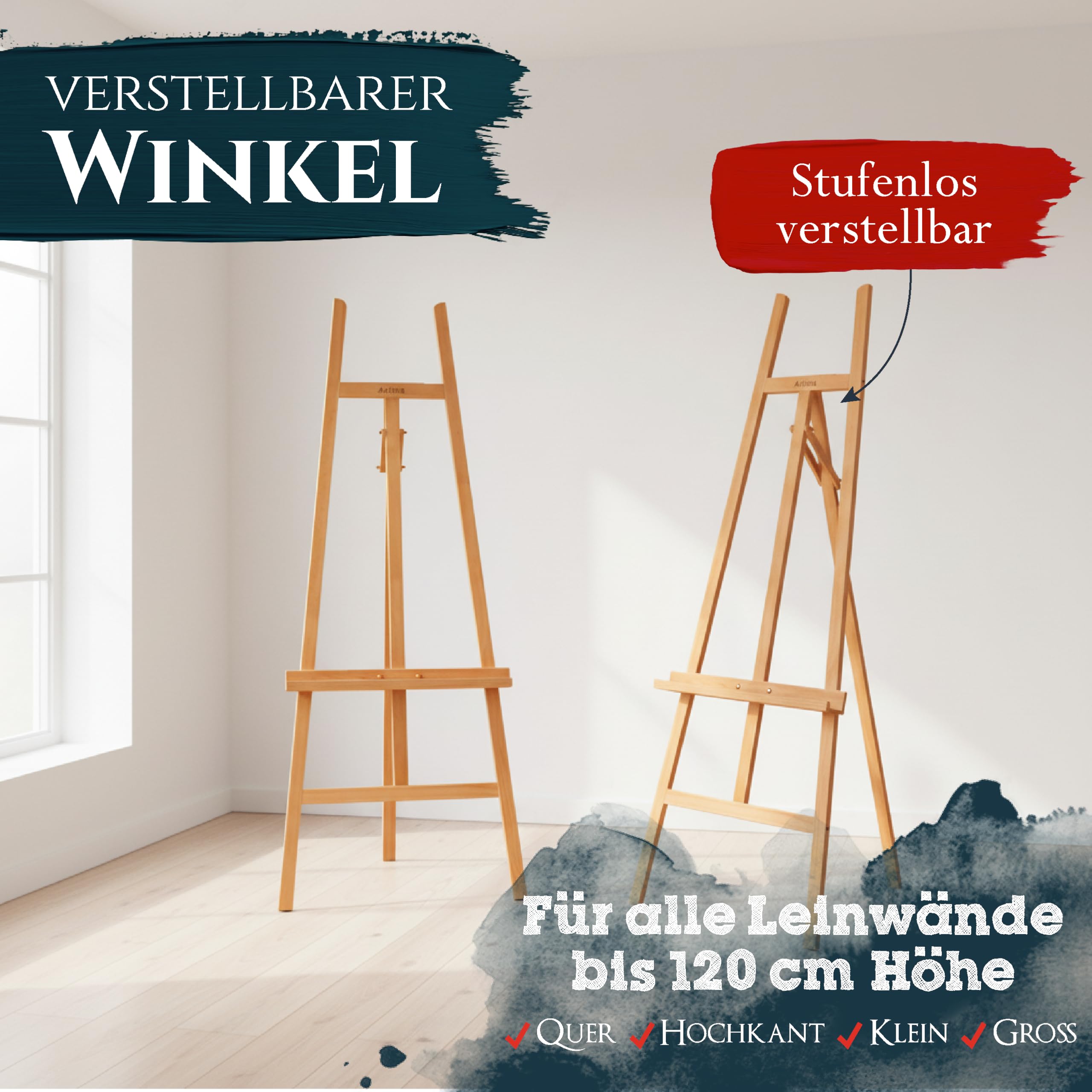 Artina Holz Staffelei klappbar aus Buchenholz für Keilrahmen bis 120cm Groß | massive Atelierstaffelei mit Malauflage für Künstler hochwertige Höhe Standstaffelei Malstaffelei Sevilla