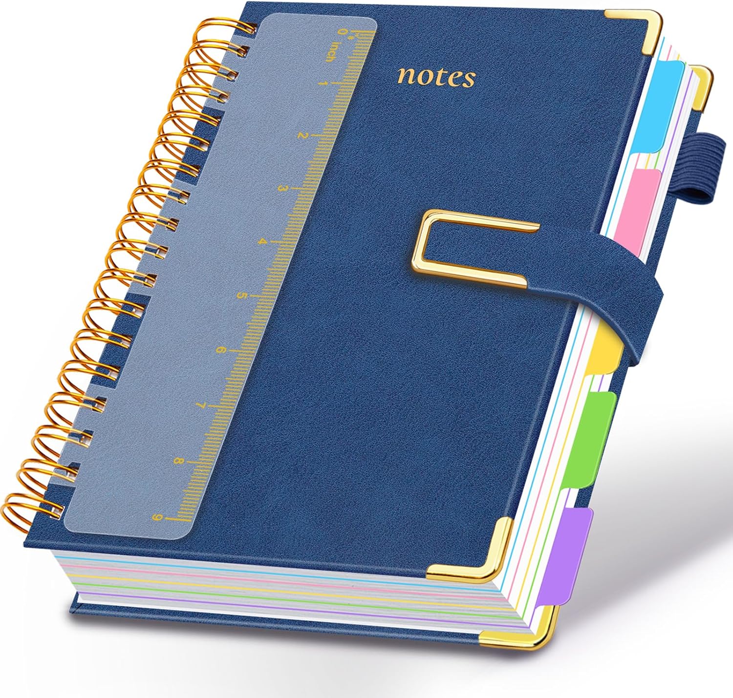 Hardcover Spiral Notebook College Ruled, 8"x10" Leather Journal Notebook with Magnetic Closure, 300 Pages 5 Subject Notebook with Dividers Tabs Journal for Women Men, Work, School(Dark Blue)