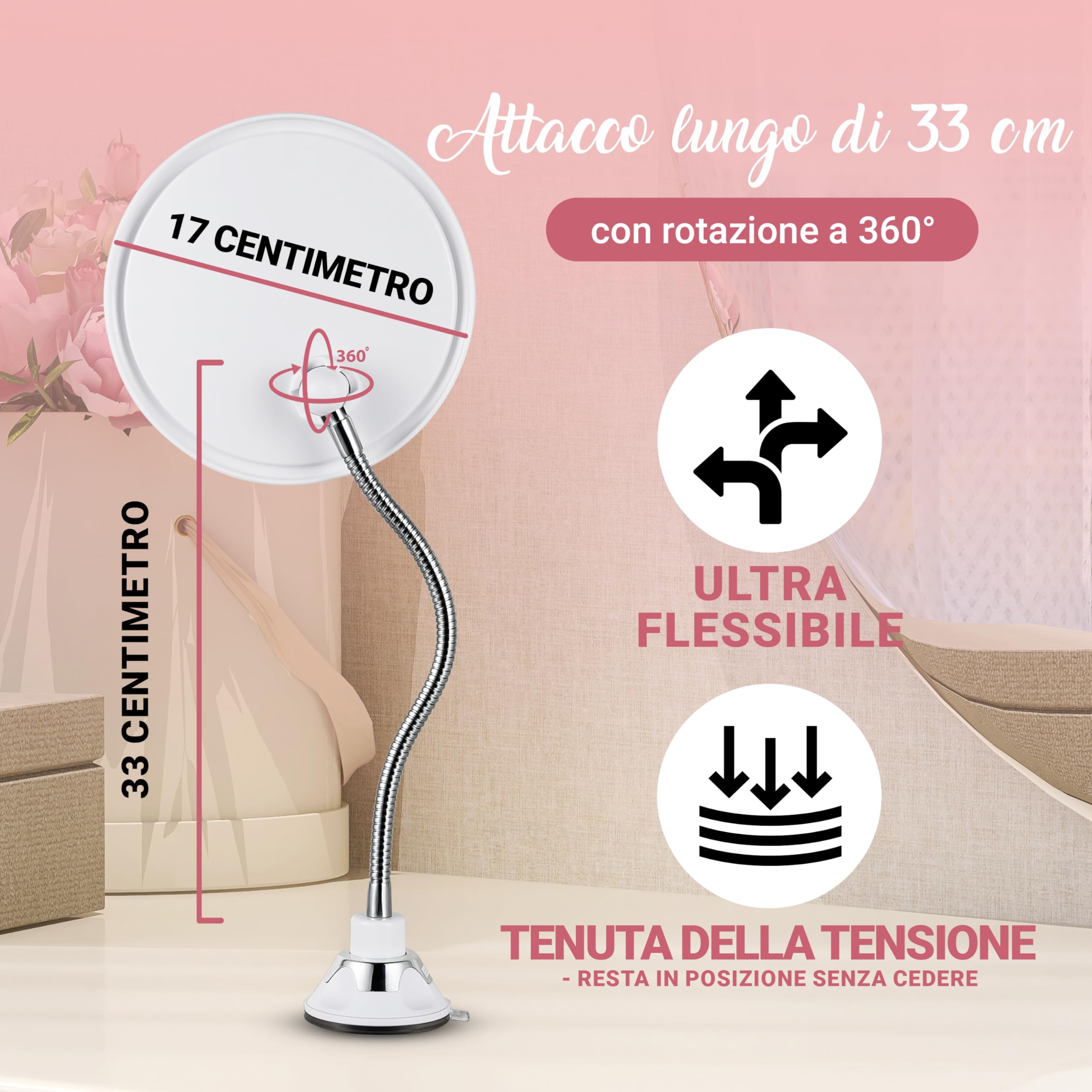 Mirrorvana Specchio ingranditore 10X con collo flessibile per trucco - specchio da tavolo con ventosa per bagno, toeletta e viaggio - Magnifying Makeup Mirror - 17cm x 17cm (Rotondo)