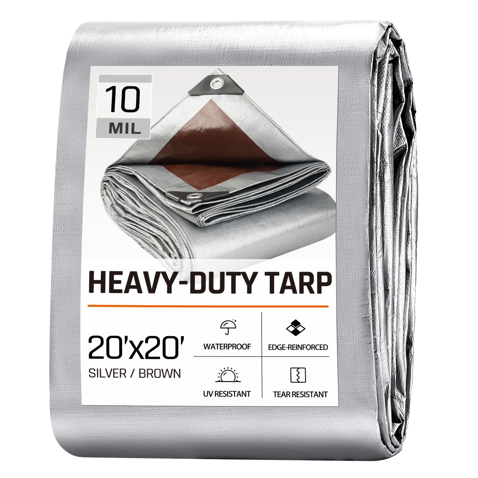 20 x 20 FT Waterproof Heavy Duty Tarp, 10 Mil Thick, Outdoor Furniture Covers, Plastic Insulated Tarpaulin for Camping Tent Roof Boat Patio Pool Cover, Silver/Brown