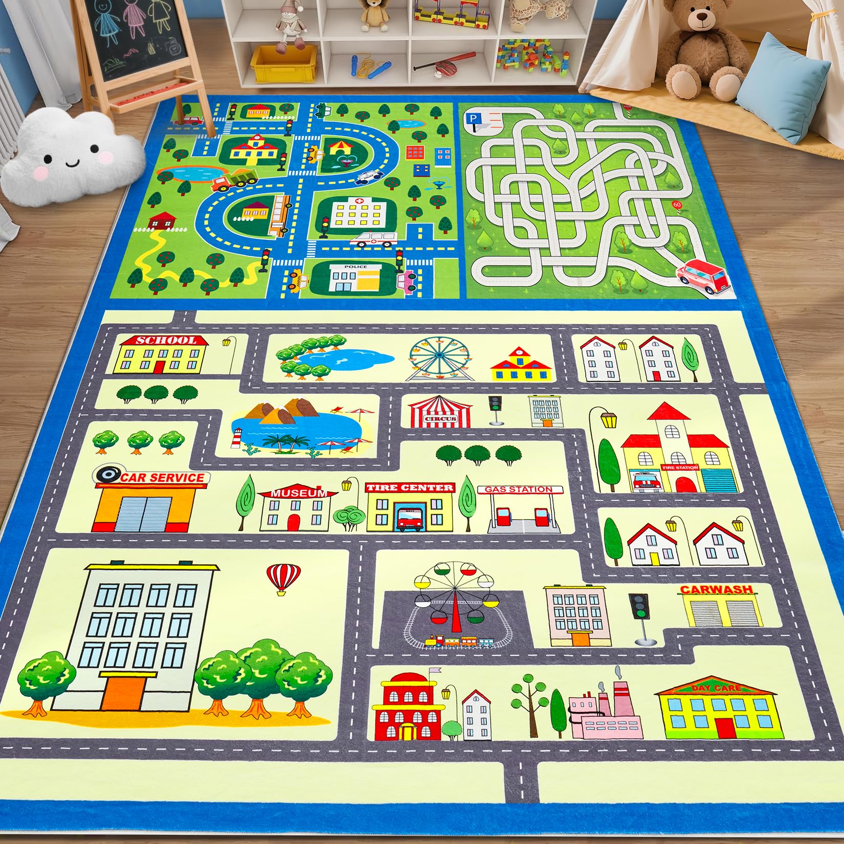 GarveeHome Washable Kids Rug 8x10 Feet Kids Carpet Play Mat Car Play Rug, City Life Traffic Road Large Children Educational & Game Area Rug for Toddler Boys Girls Bedroom Playroom Classroom Nursery