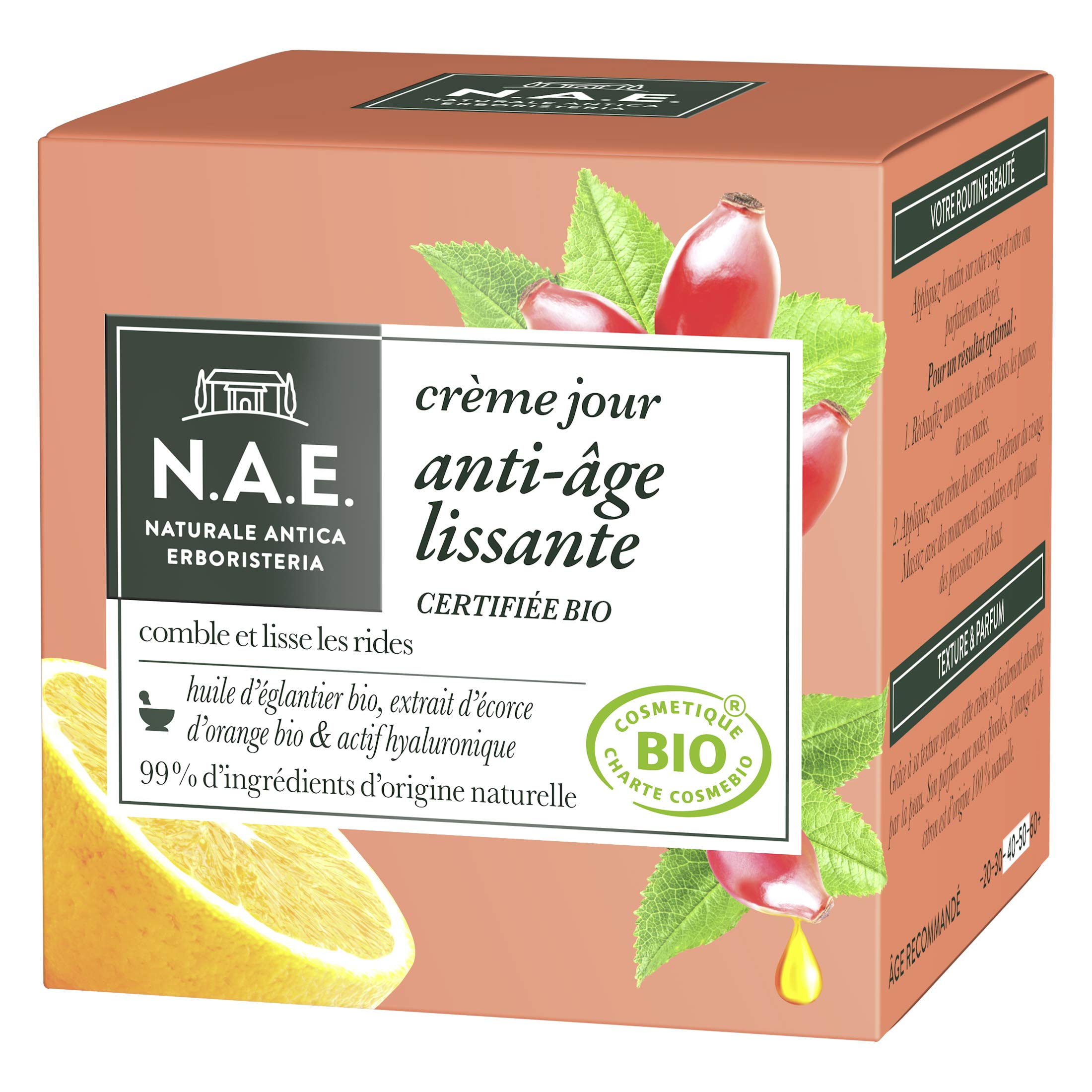 N.A.E. Crème Visage Jour Anti-Rides Huile d'Eglantier Bio et Extrait d'Ecorce d'Orange, Bio, 50ml