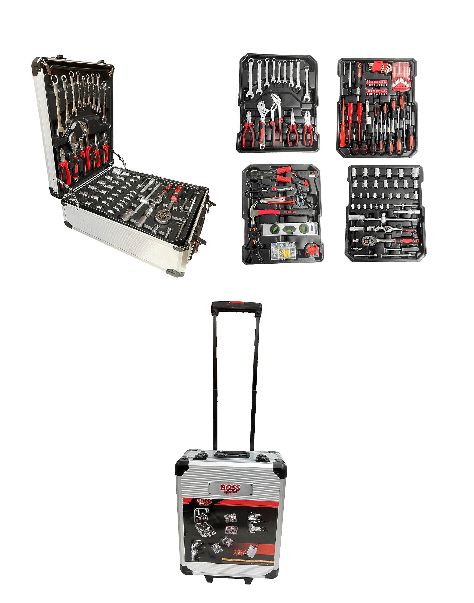 BOSS NEO POWER - 187 PCS TROLLEY TOOL BOX SET, PROFESSIONAL SOCKET SET, ALUMINUM BOX WITH ALL TYPES OF WRECHES ETC FOR HOME AND PROFESSIONAL