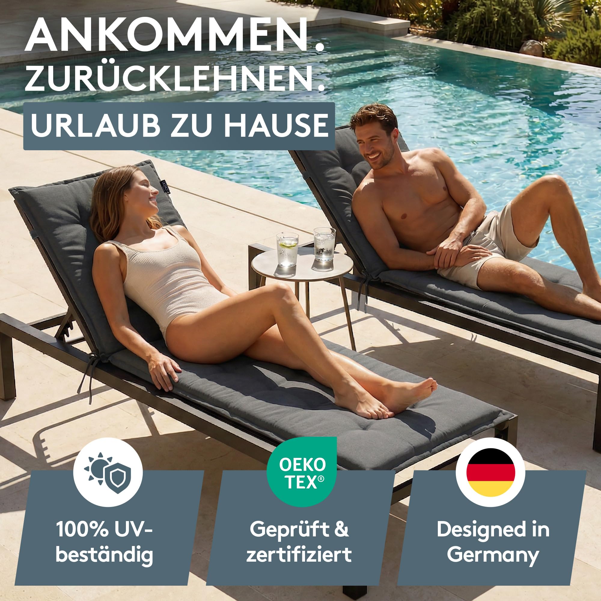 LILENO HOME Sonnenliege Auflage als 1. Set - Rollliege in Uni Anthrazit - Gartenliegen perfekt für Strandliege - Polster Auflage