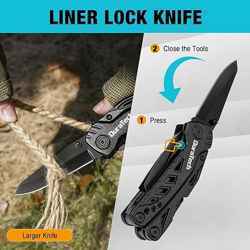 Miniatura 5 de DURATECH Cuchillo multiherramienta 11 en 1, cuchillo de bolsillo multiherramienta de acero inoxidable con hoja grande, alicates, destornilladores,