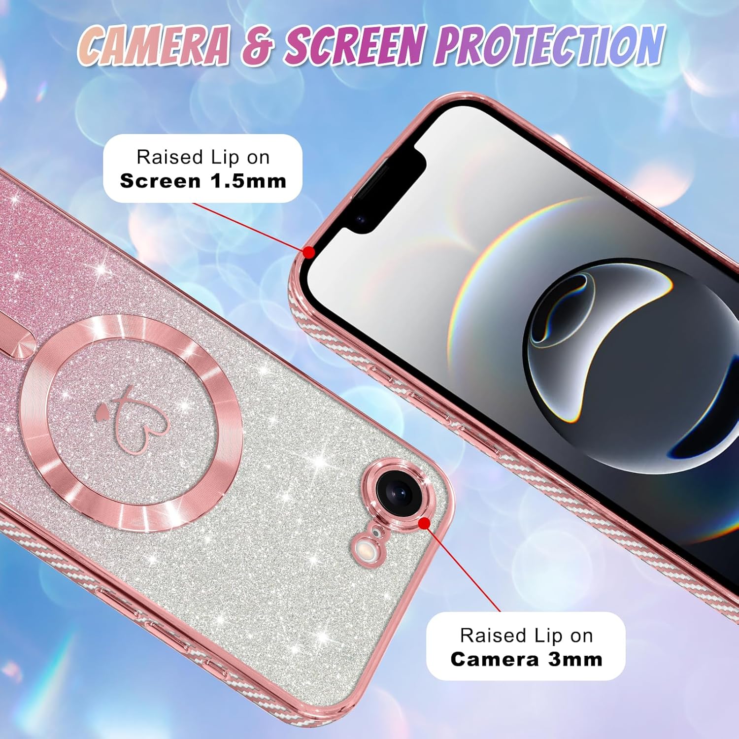 Bonoma Compatible with iPhone 16e Case Support for MagSafe, Plating Heart Glitter Magnetic Case TPU Camera Protection Back Cover for Phone Case -Pink - Image 4