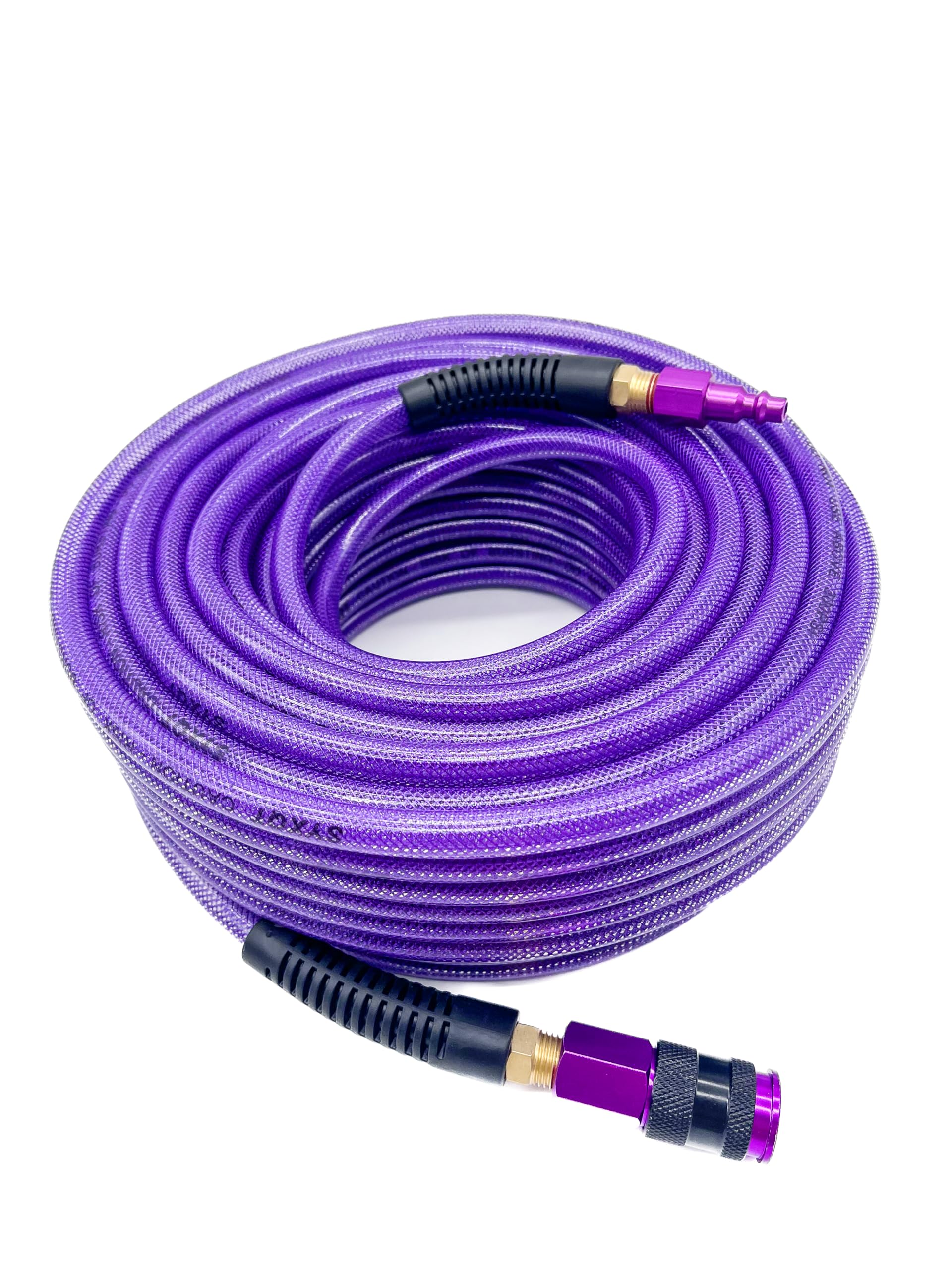 Manguera de aire reforzada de poliuretano (PU) de 1/4 pulgadas x 100 pies, con acoplador rápido universal de aluminio sólido giratorio de 1/4 pulgadas y enchufe, restrictor de flexión, morado