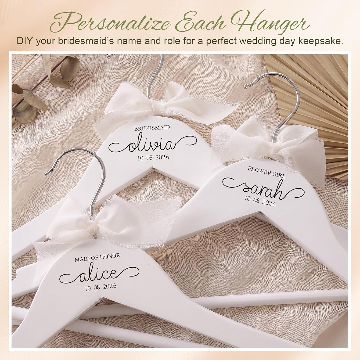 Chunful 10 Pack Personalized Bridesmaid Hangers Wood,Satin Ribbon,White