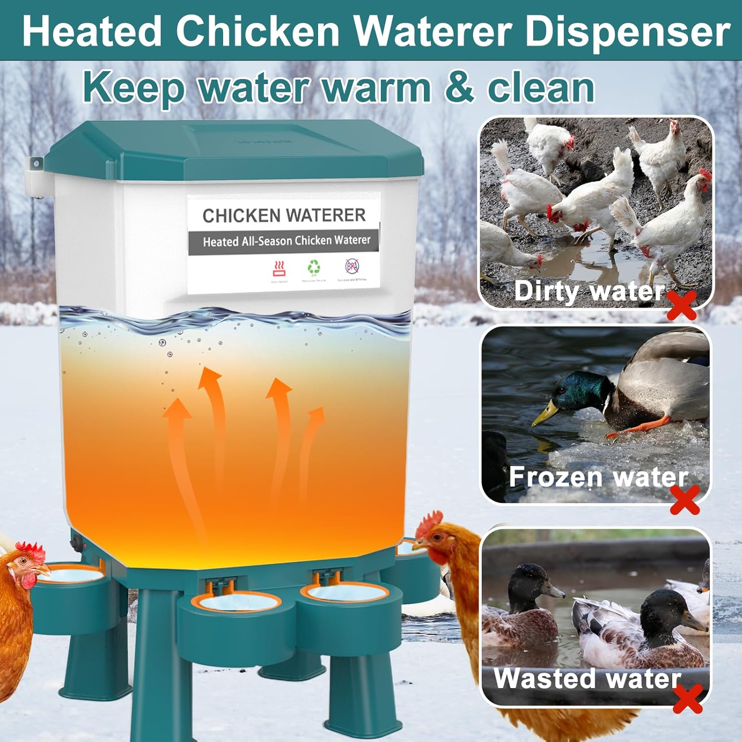 Hanging Heated Chicken Waterer, 3 Gallon Plastic Chicken Water Heater Heated Poultry Drinker, Detachable Legs, Winter and Summer Dual-use, Poultry Water Heater for Chicken Goose Duck - Dark Blue