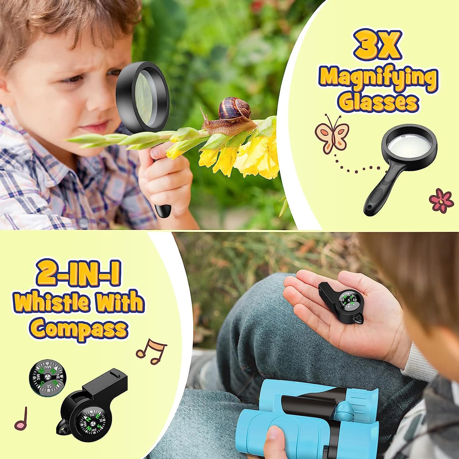 Dislocati Binocolo per bambini - regali per ragazzi 4-10 anni, bussola, giocattoli per esterni, giocattoli per bambini 3-12 anni