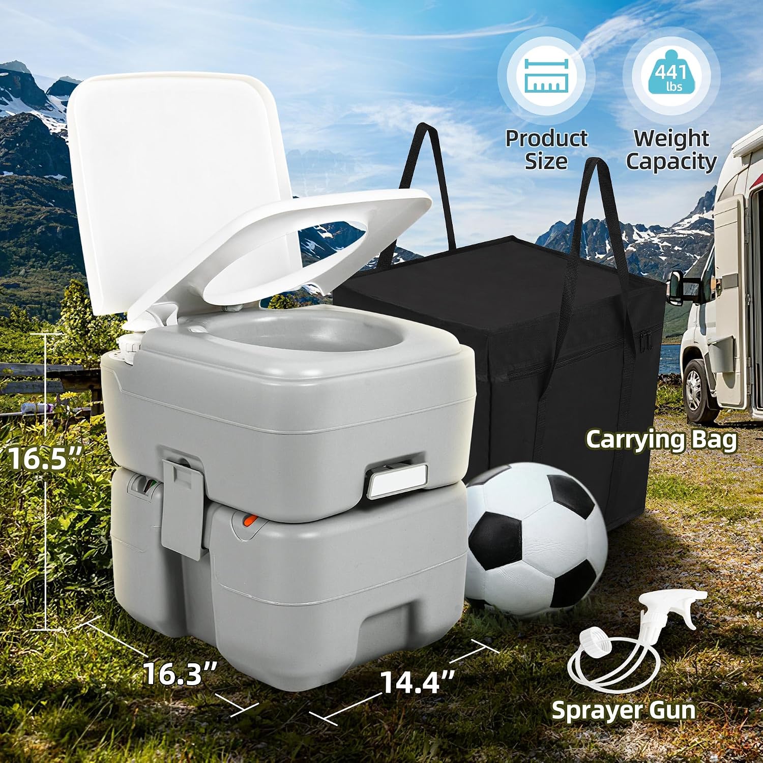 YITAMOTOR Portable Toilet for Camping, Porta Potty Toilet with 5.3 Gal Waste Tank & 2.6 Gal Flush Tank, Bag, Sprayer, T-type Outlet, Level indicator, Anti-Leak Odor-Sealing Slide Valve for RV Outdoors