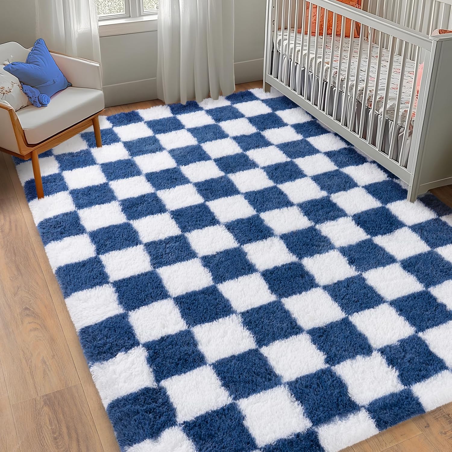 Checkered Rugs for Bedrooms, 4x5.9 Blue and White Carpet for Living Room, Fluffy Shaggy Area Rug for Kids Room, Soft Non Slip Aesthetic Decor for Home