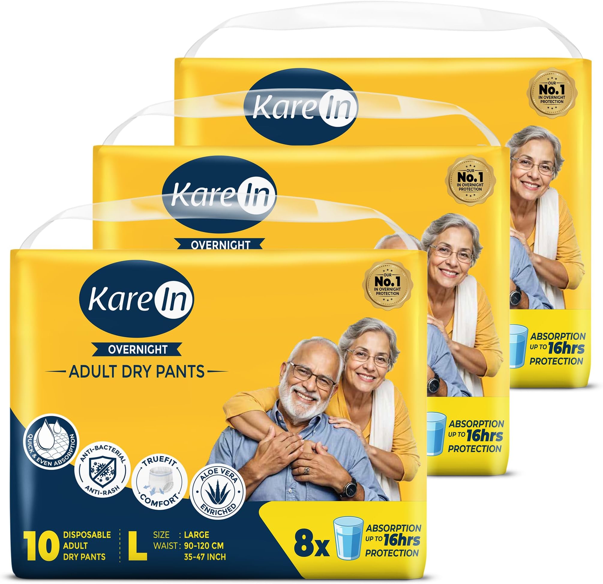 Overnight Adult Diaper Pants, Large 90 - 120 Cm (35"- 47"), Unisex, Leakproof, Elastic Waist, With Aloe Vera Lotion, Anti-Bacterial, ADL, Wetness Indicator, Pack of 3, 30 Count