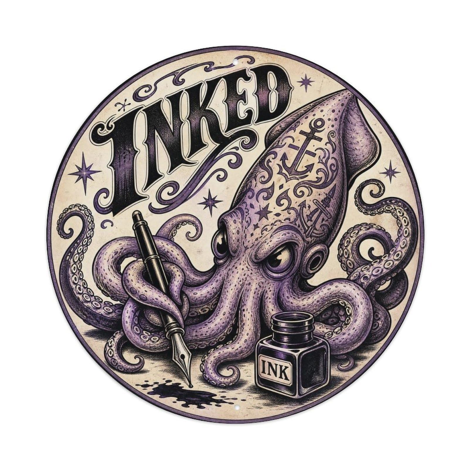 Okngb Style Squid Playful Pose Marine Animal Vintage Cartoon Rustic Metal Tin Sign Plaque Wall Decor For Cafe, Man Cave, Club Bar, Office, Home Garden Round Metal Poster 8X8inch