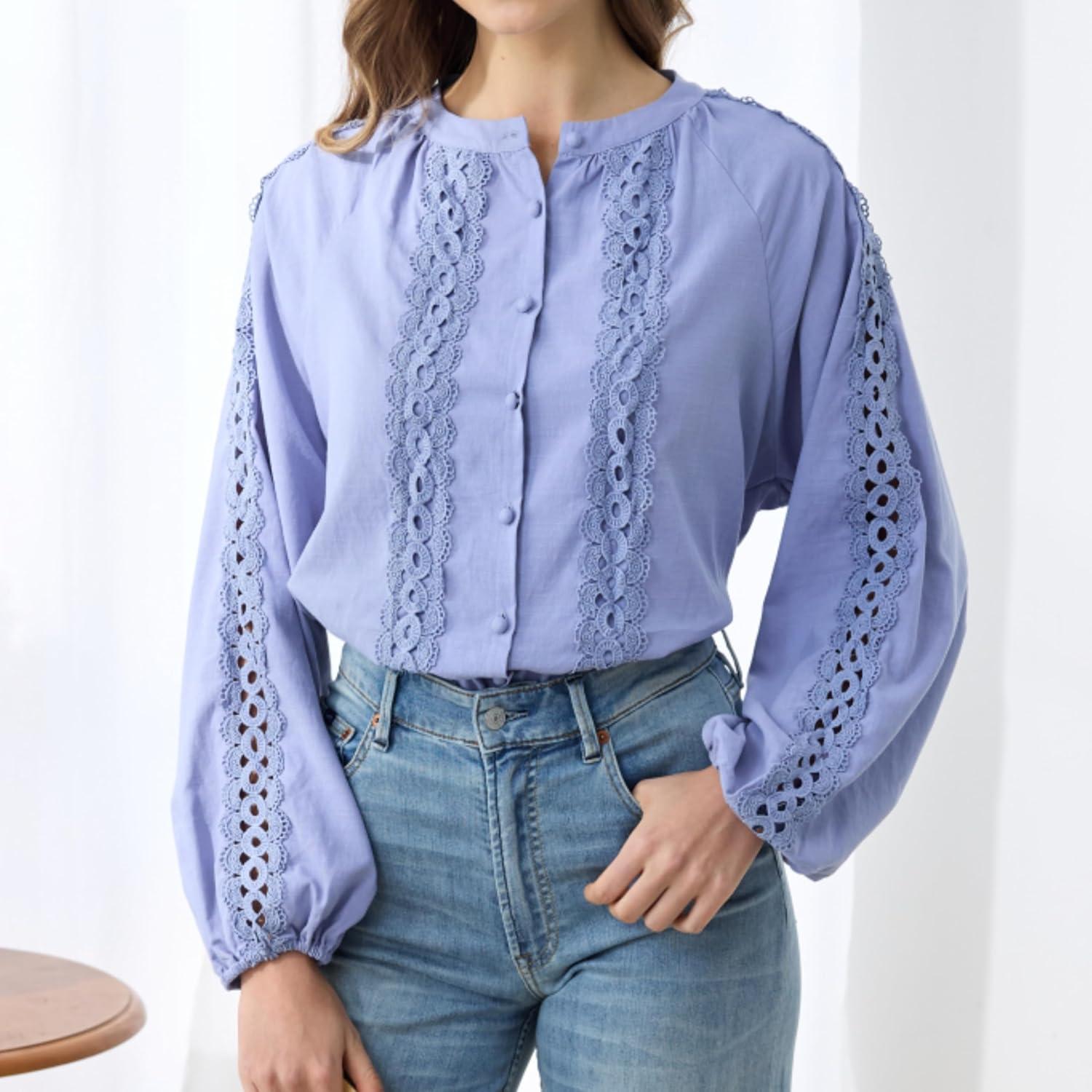 Women's Lantern Sleeve Button Up Lace Trim Shirt Blouse Casual Holiday Cotton Rayon Tunic Top