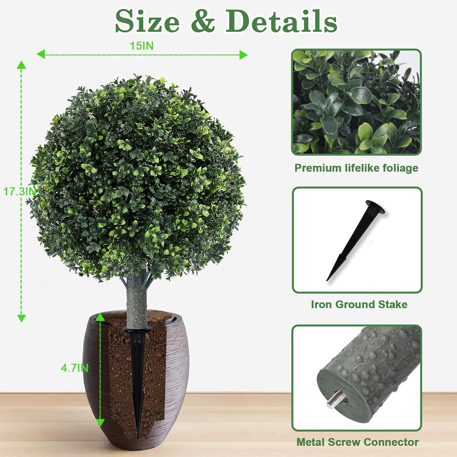 Artificial Boxwood Topiary Ball (2 Pack) - 17" UV Resistant Faux Plants for Outdoor & Indoor, Porch, Garden, Patio Decor - Fake Shrub Bushes with Ground Spike - Image 2