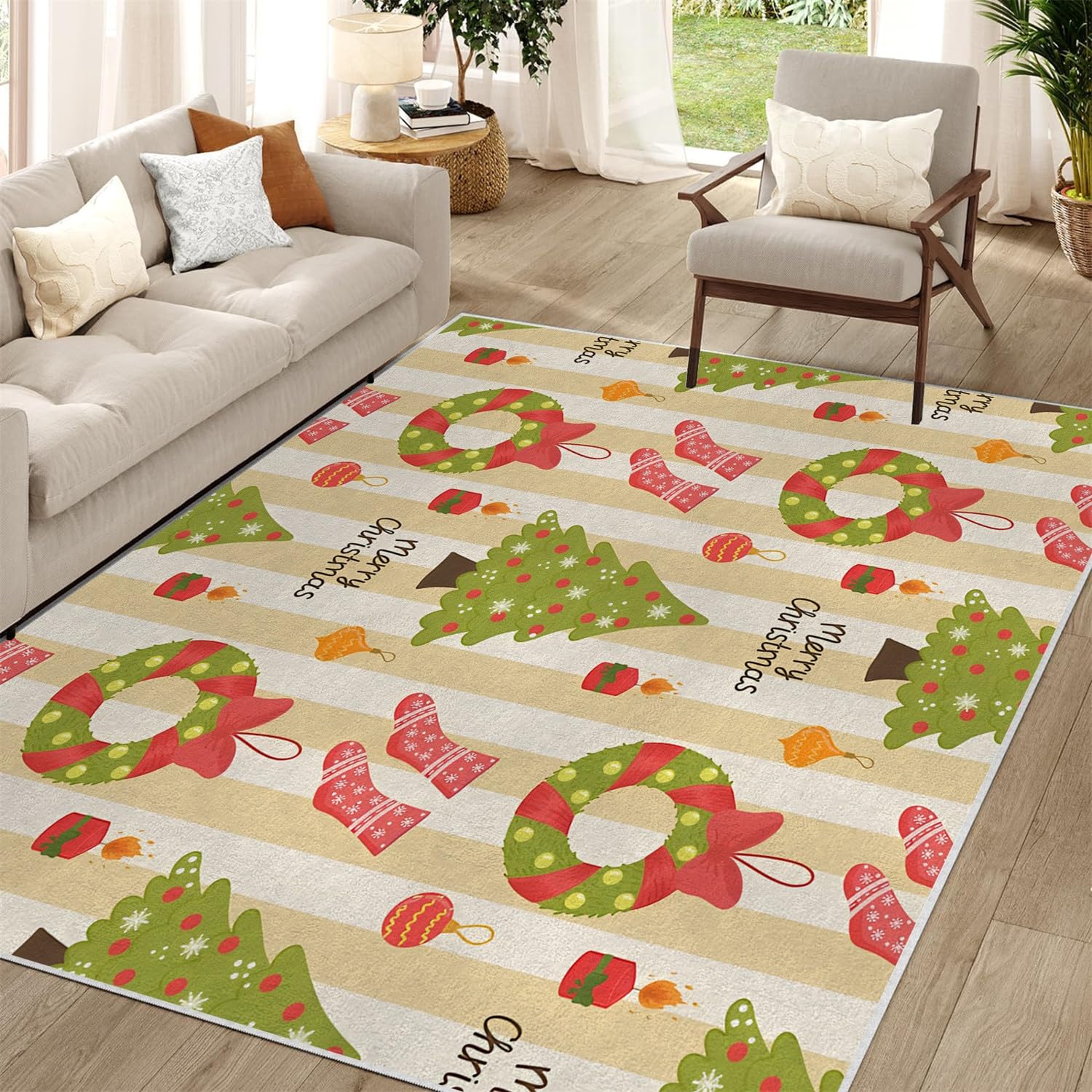 Tapis Noël vintage 160x230 cm beige lavable à poils ras pour salon et chambre