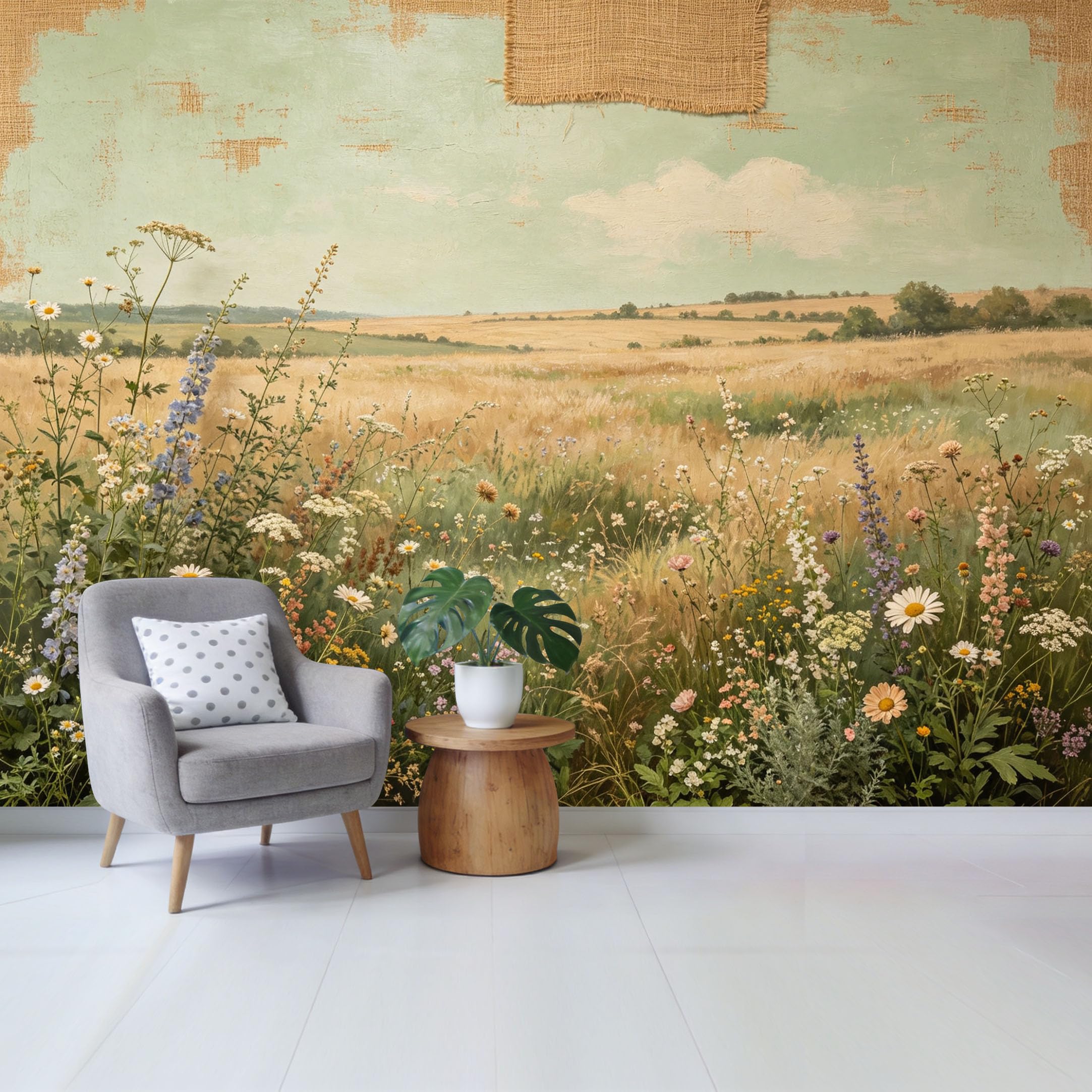 Qzlithotic Yq2605250334 Custom Size Wall Mural Vintage Oil Painting Wildflower Meadow Landscape Farmhouse Textured Selfadhesive Wall Fabric Removable Wallpaper For Home Office Decor