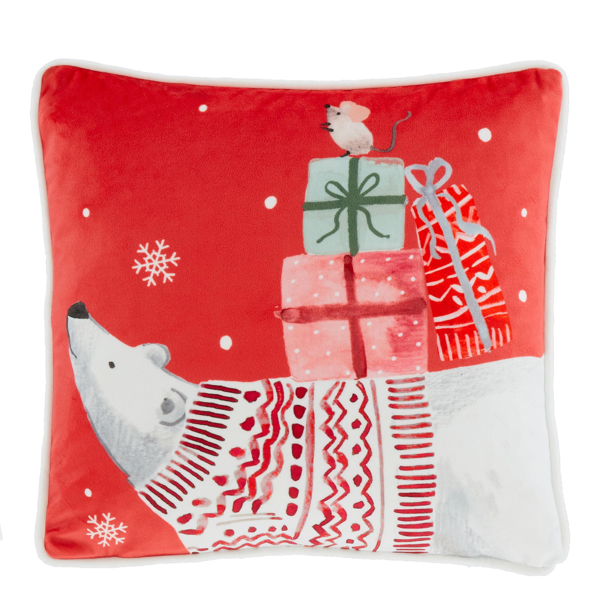 Julian Charles Red Christmas Polar Bear Velvet Cushion - One Size