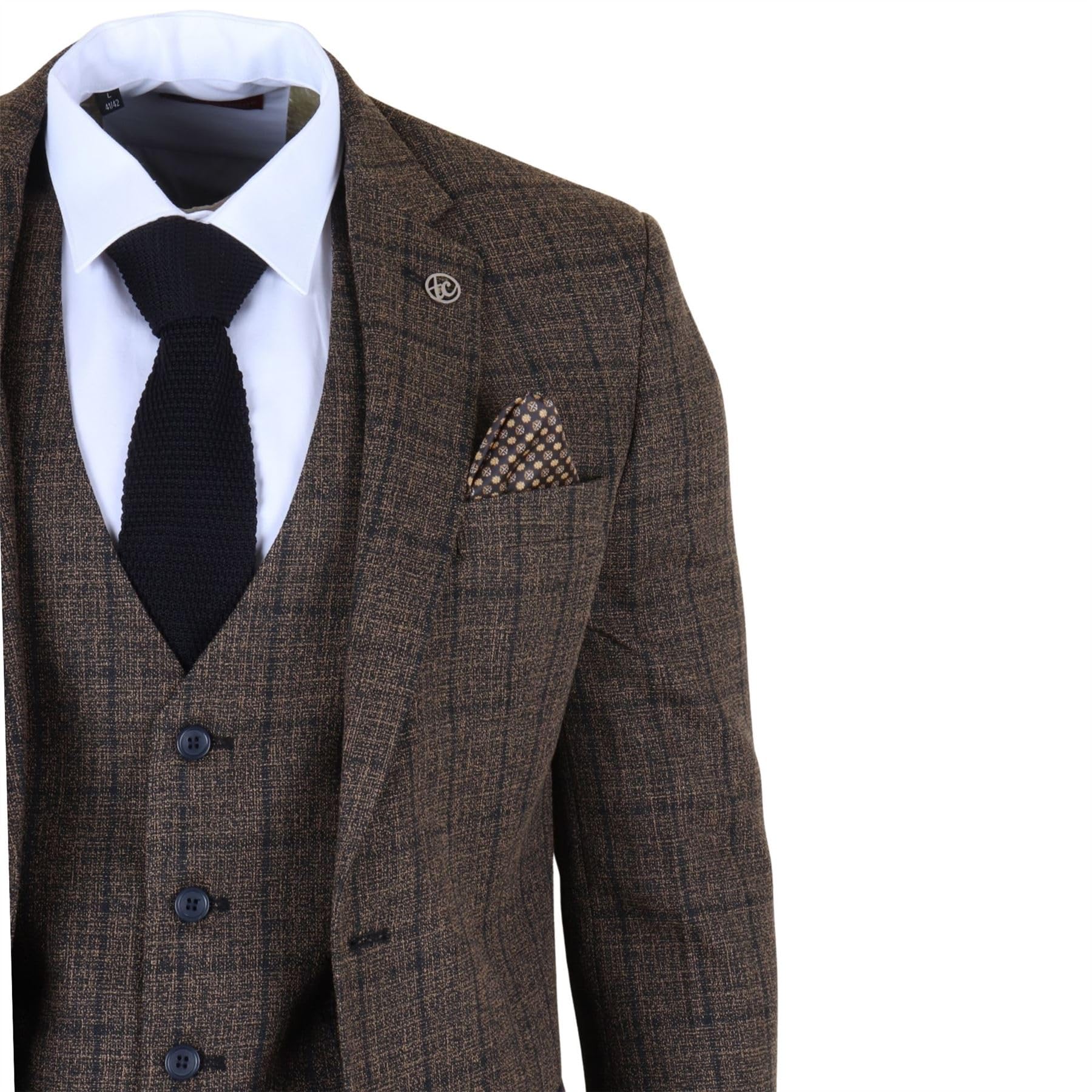 Traje de vestir formal de 3 piezas a cuadros para hombre, color marrón oscuro