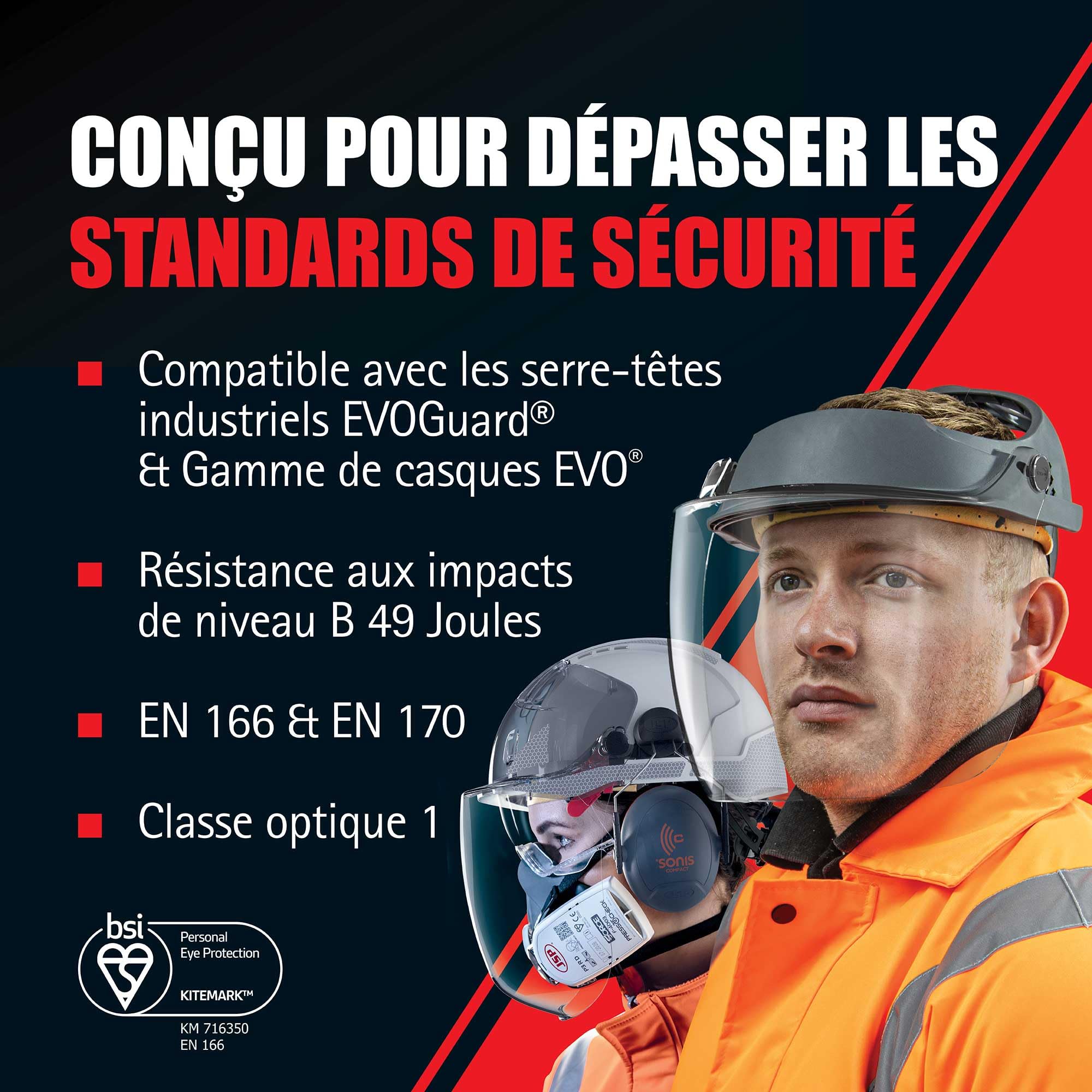 JSP EVOGuard C1 Visière Transparente Polycarbonate pour BTP et Industrie | Visière polycarbonate transparente avec protection UV et anti-impact. Compatible JSP EVO. EN 166 & EN 170.