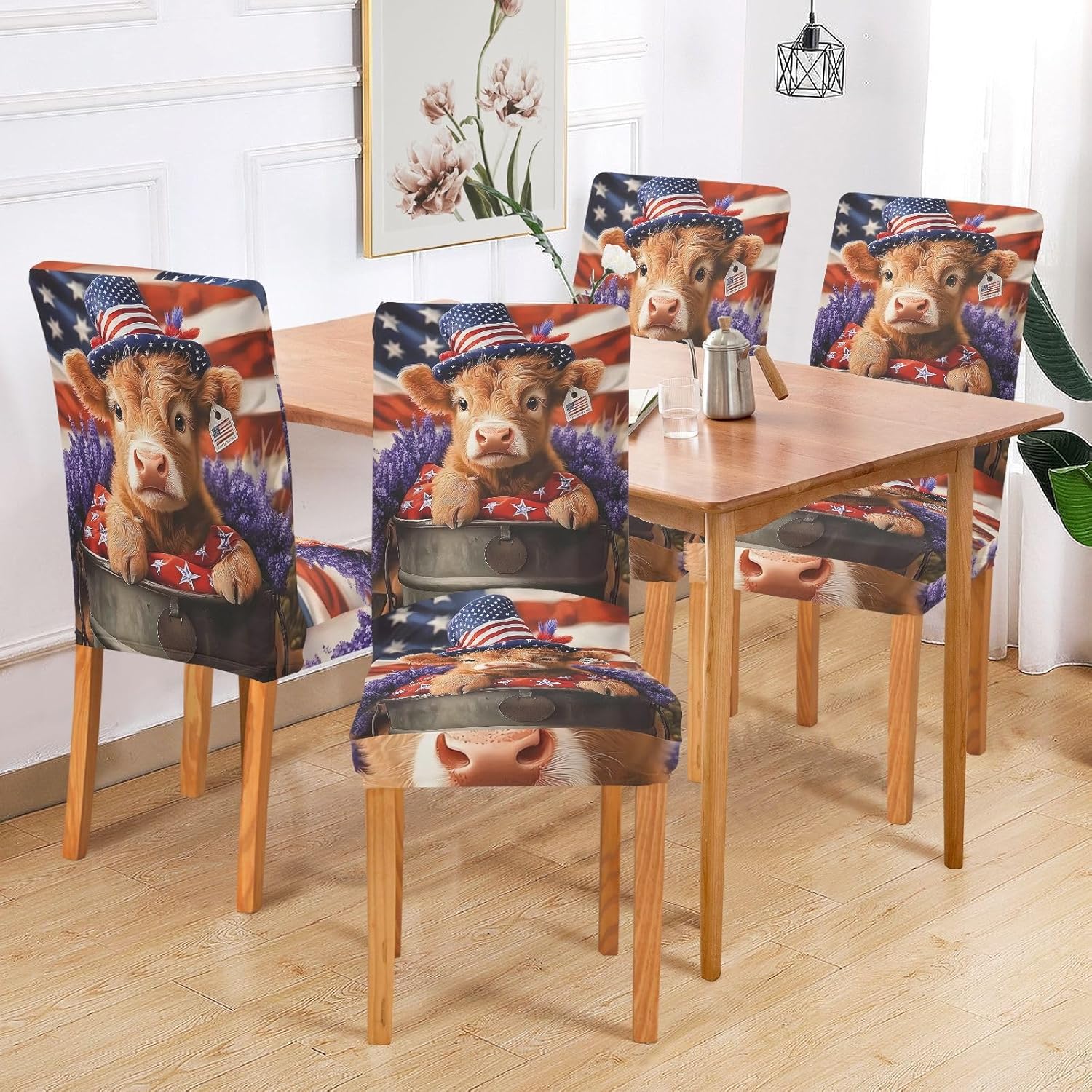 ALAZA Chair Covers for Dining Room, Baby Highland Cow USA Flag Stretch Chair Cover Sets Chair Protector Removable Washable for Ktichen Restaurant Hotel
