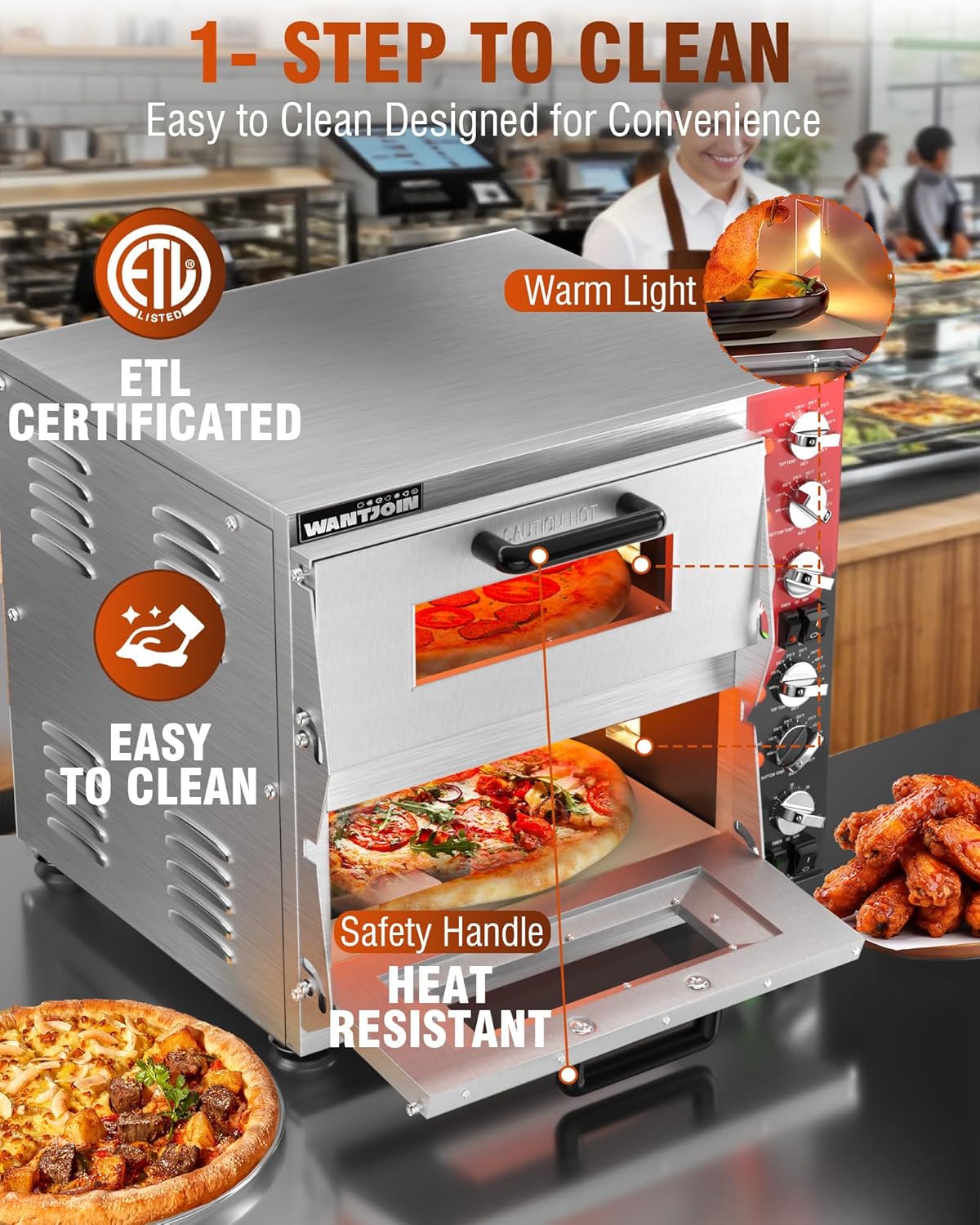 WantJoin Indoor Pizza Oven Countertop 16 Inch, Commercial Double Deck Electric Pizza Oven with Pizza Stone, 175–660°F Adjustable Temp, 60 Min Timer, Stainless Steel for Restaurant & Home, 3200W