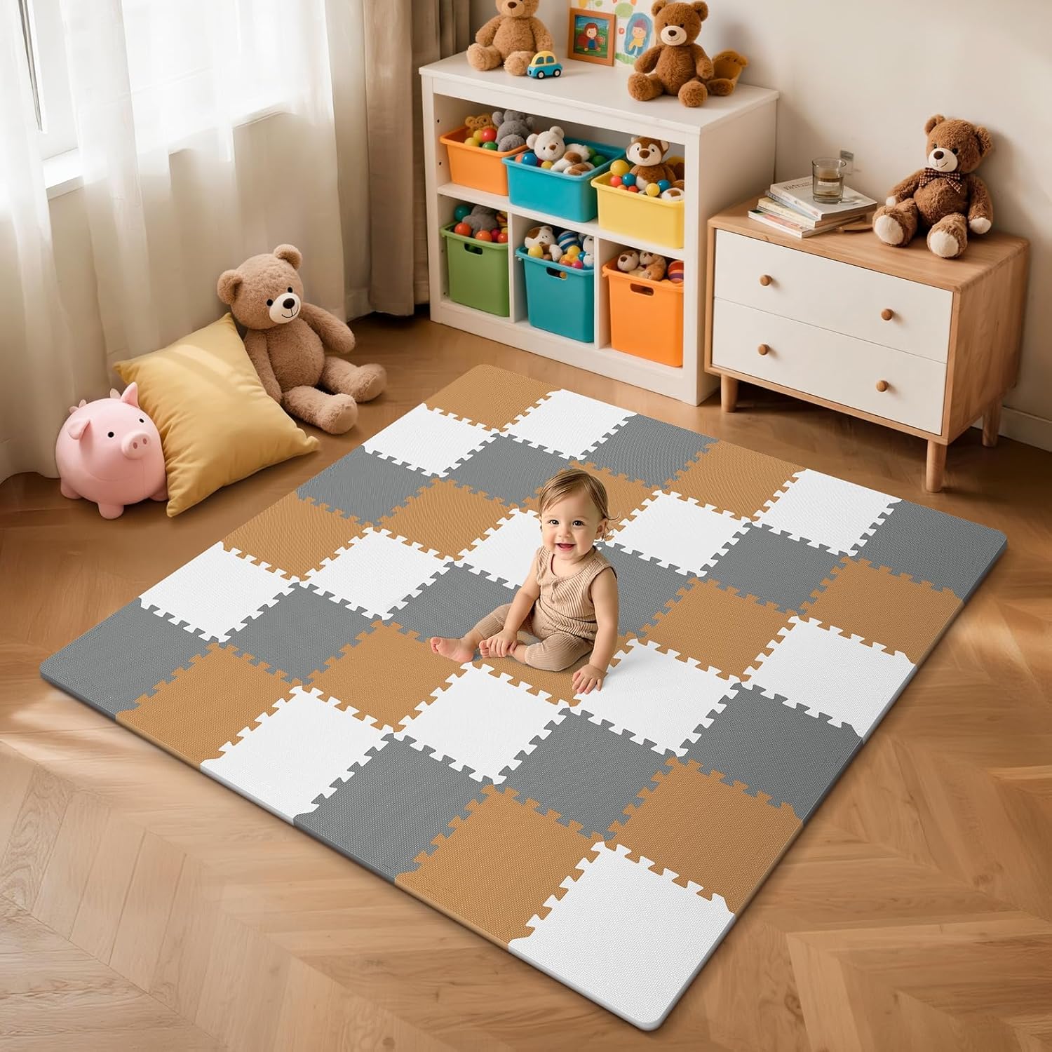 36Pcs Baby Play Mat for Floor, Foam Floor Tiles for Kids with Interlocking, Squares Foam Puzzle Carpet for Playroom,Crawling Rug for Babies 6-12 Months,Toddlers,11.8*11.8*0.6In Each (Brown-gray-white)