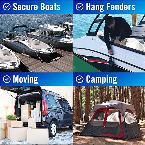 Miniatura 6 de Líneas de muelle de barco, cuerda de nailon trenzada de 12 pulgada, líneas de acoplamiento marinas de amarre de 25 pies con bucle, color negro,