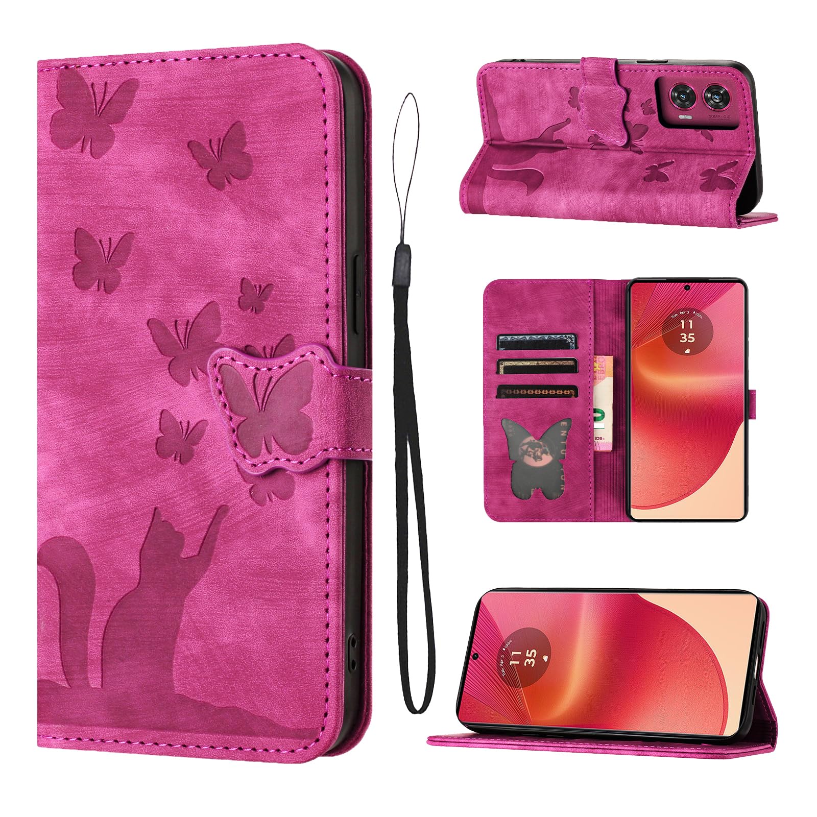 LSPCASA Phone Case For Motorola Edge 50 Fusion 5G 6.7 inch Premium PU Leather Material Edge 50 Fusion Case With Card Slots Cat Butterfly Pattern Edge 50 Fusion Phone Case