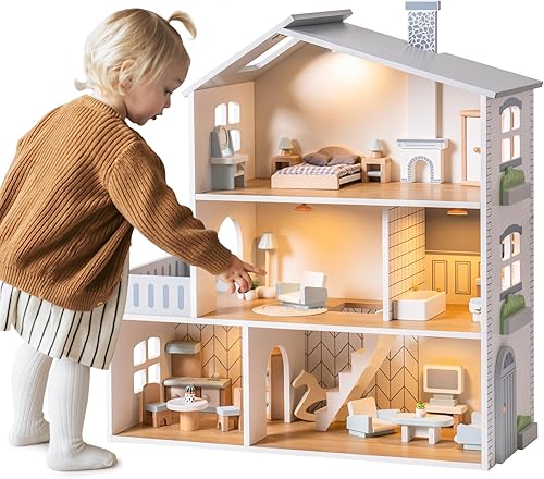ROBOTIME Casa de muñecas de madera, casa de muñecas de madera con 29 muebles, 6 habitaciones para muñecas de 4 a 6 pulgadas, regalo para niños a