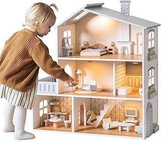 ROBOTIME Wooden Dollhouse, Wooden Doll House with 29 Pieces of Furniture...
