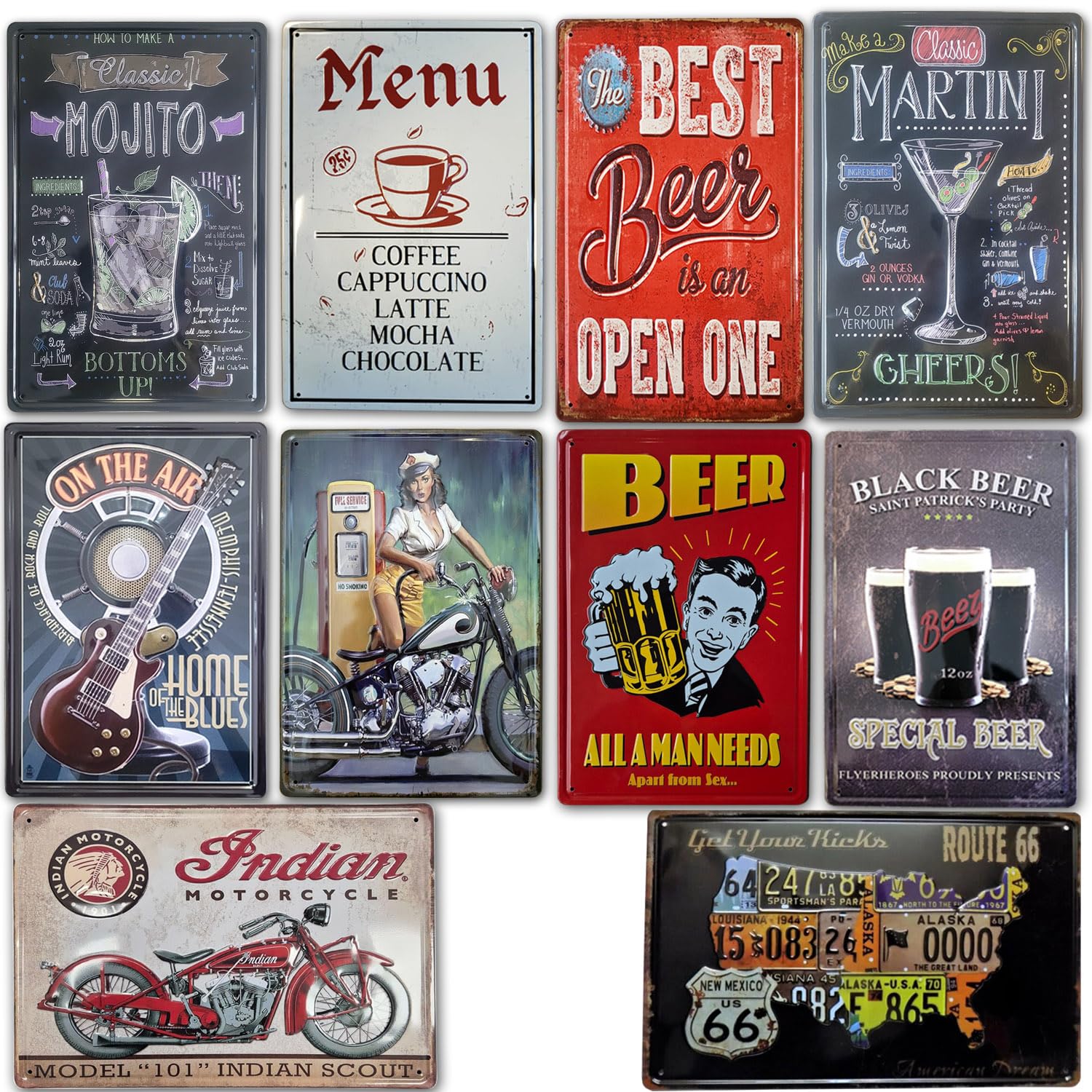 Placas Vintage |. Set de 10 Chapas Decorativas metálicas de pared | Decoración Retro para Salón, Bar, Cafetería, Cocina, Restaurante Oficina Tamaño 20x30