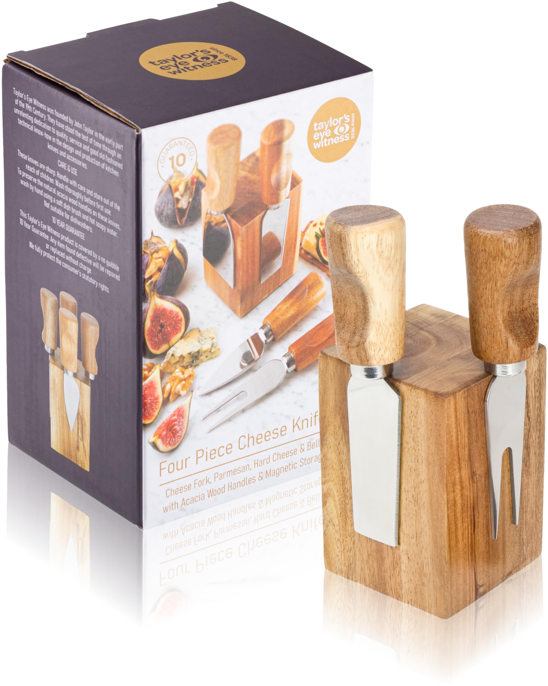 Taylors Eye Witness Cheese Knives - 4-Piece Cheese Knife Set with Natural Brown Rounded Solid Acacia Wood Handles Offering Comfortable Secure Grip. with Magnetic Storage Block.