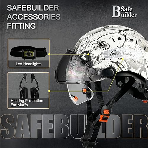 Vista 22 de Casco de seguridad para construcción con visera incorporada, casco duro ABS con visera ajustable, protección para la cabeza de trabajo ANSI/ISEA