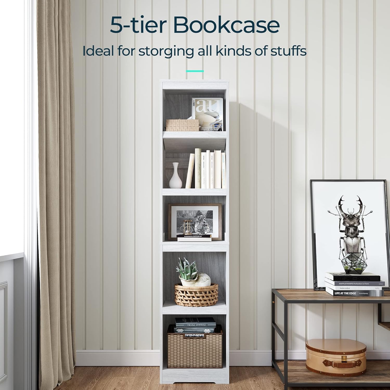 LINSY HOME 5-Shelf Bookcase, Narrow Bookshelves Floor Standing Display Storage Shelves 68 in Tall Bookcase Home Decor Furniture for Home Office, Living Room, Bed Room - White Oak
