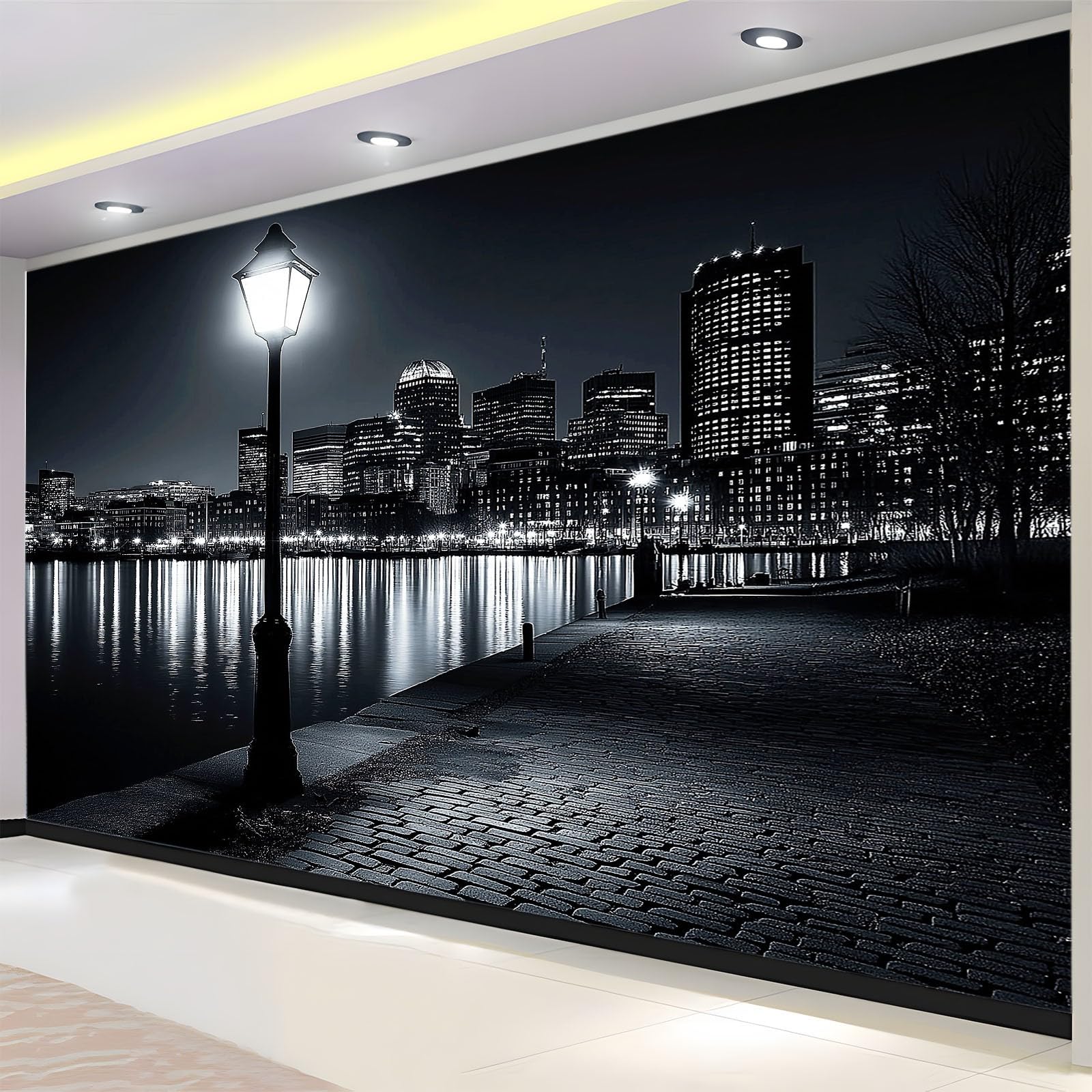 Tapeta mural do salonu szara scena nocna miasta 300 x 210 cm plakat fototapeta fototapeta z włókniny, nowoczesna sypialnia pokój dziecięcy tło dekoracja telewizora
