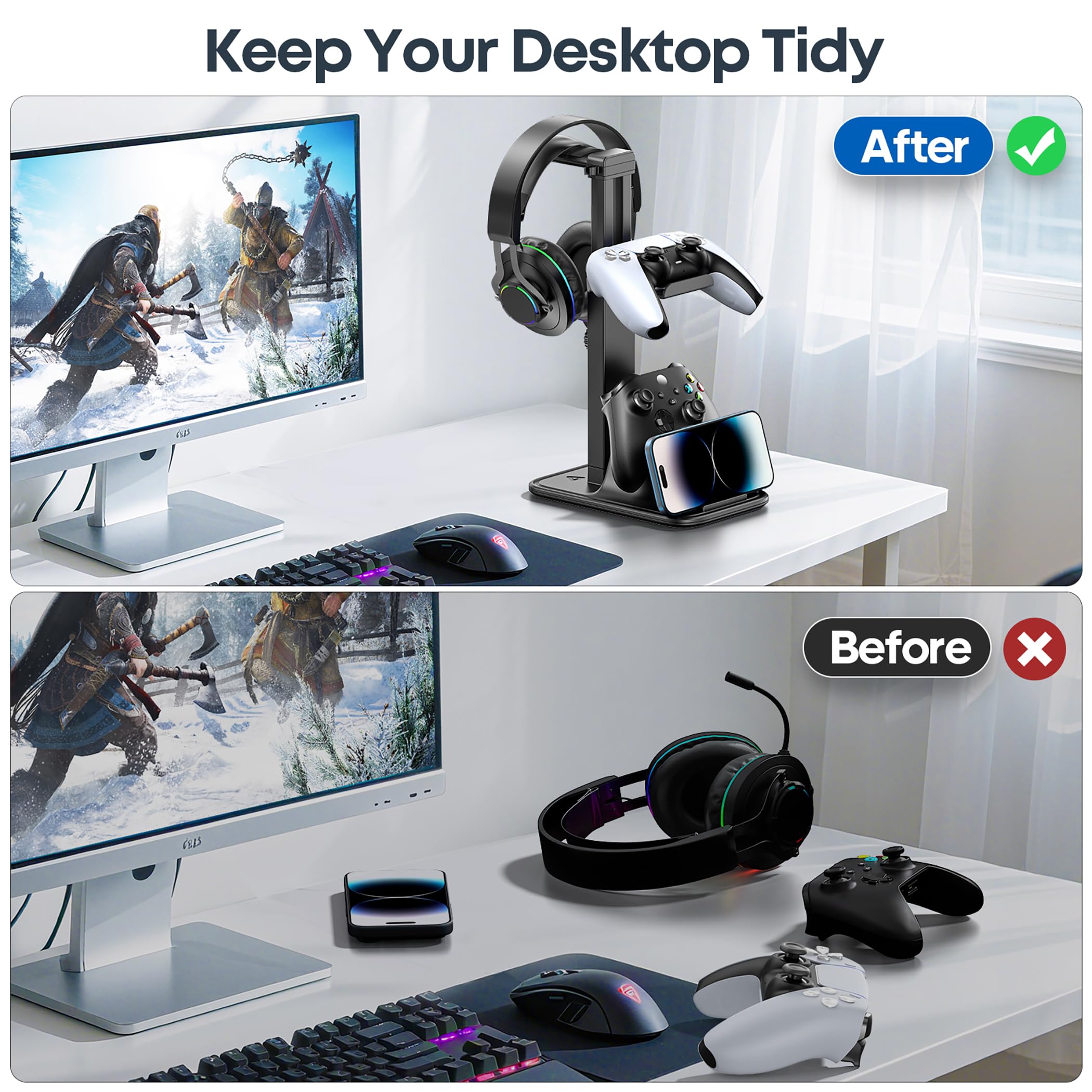 Supporto Cuffie e Joystick da Scrivania Regolabile in Altezza, Supporto Cuffie Gaming Ruotabile a 360° con Supporto per Cellulare e Dual Controller, Accessori Gaming Adatto a Tutte le Cuffi