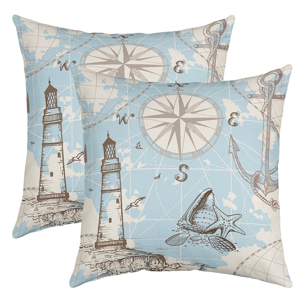 Richhome Multi 25 Nautical Themed Pillow Covers 24X24 Inch Set Of 2 Sketch Anchor Lighthouse Decor Cushion Covers For Kids Teens Adults Starfish Wild Sealife Ocean Travel Style Cushion Cases For Living Room Car