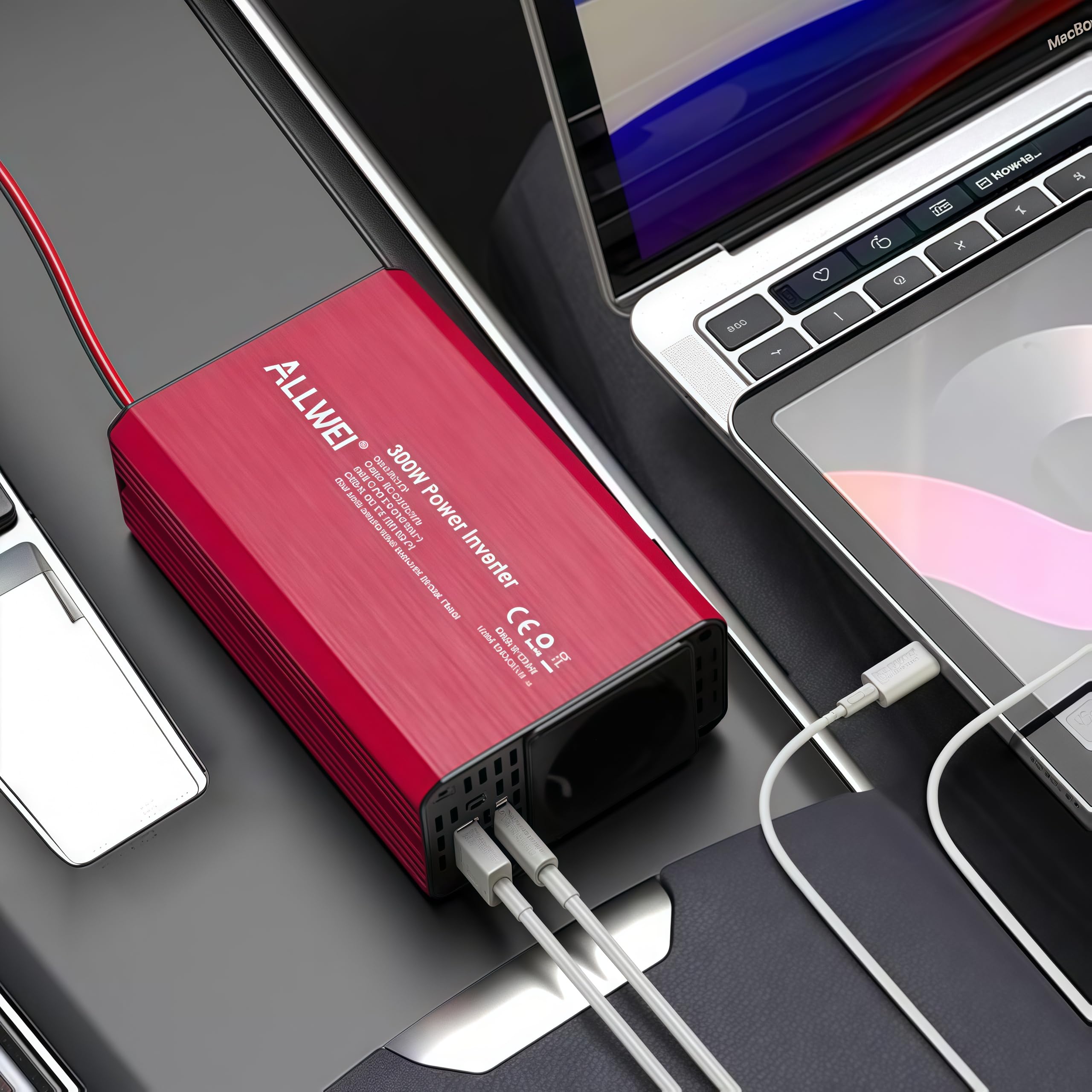 ALLWEI 300W Wechselrichter 12V auf 230V Spannungswandler, Stromwandler mit Typ-C & USB Anschluss, Inverter 12V 220V, Auto Steckdose für Auto, Laden von Handys, Laptops und Anderen Geräten(Rot)
